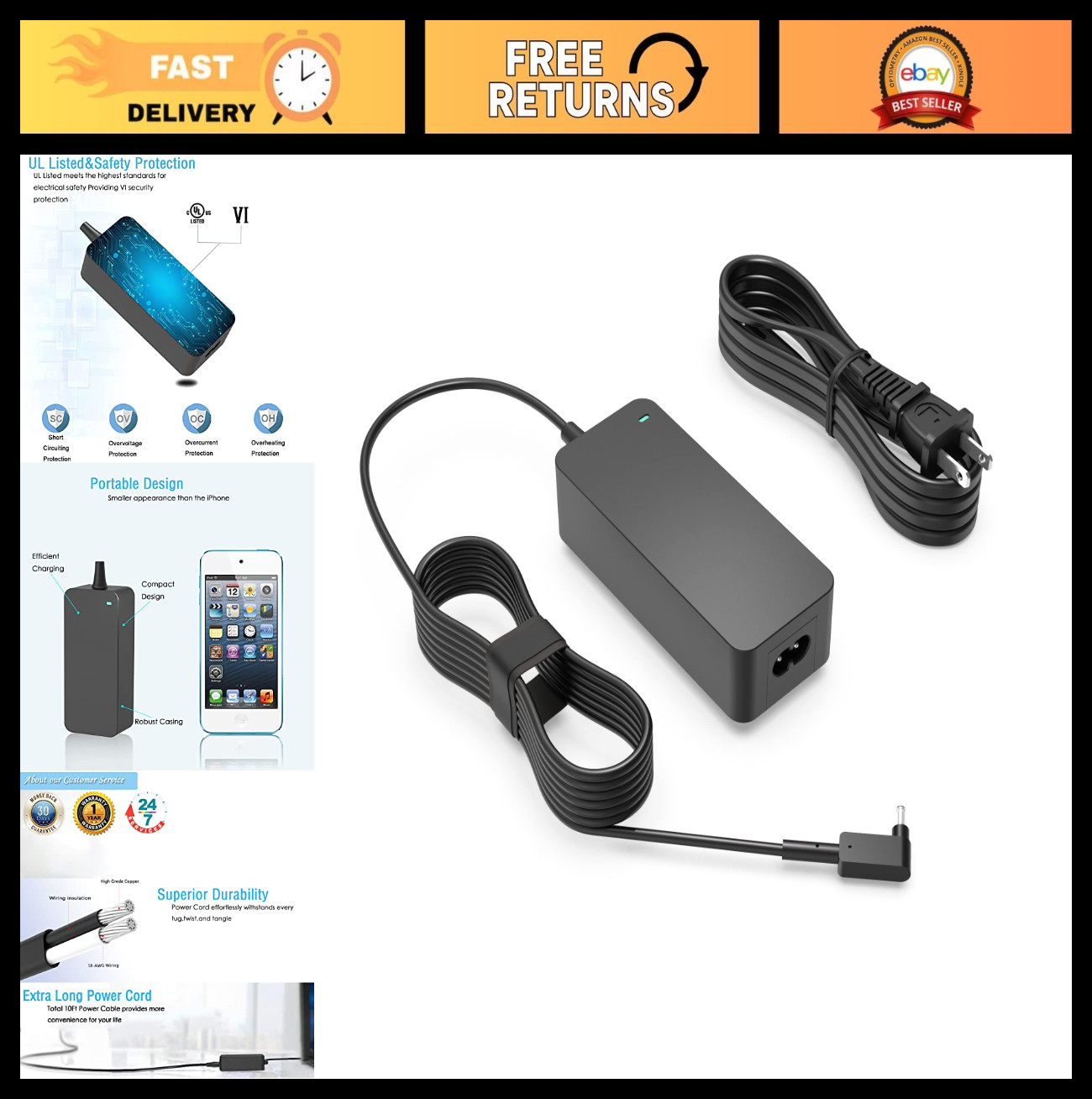 Laptop Charger Power Adapter for Acer Travelmate Aspire 19V 3.42A Cord