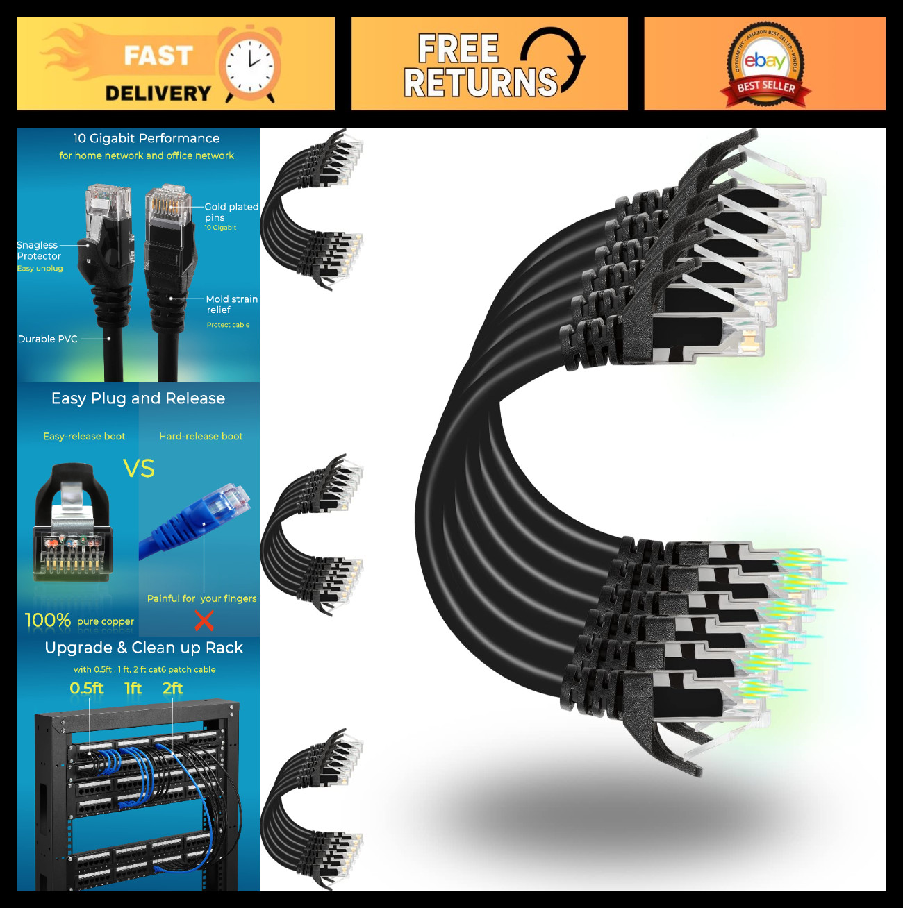 24 Pack Cat6 Ethernet Patch Cables 3ft, 10G Support, Flexible Gold Plated Black