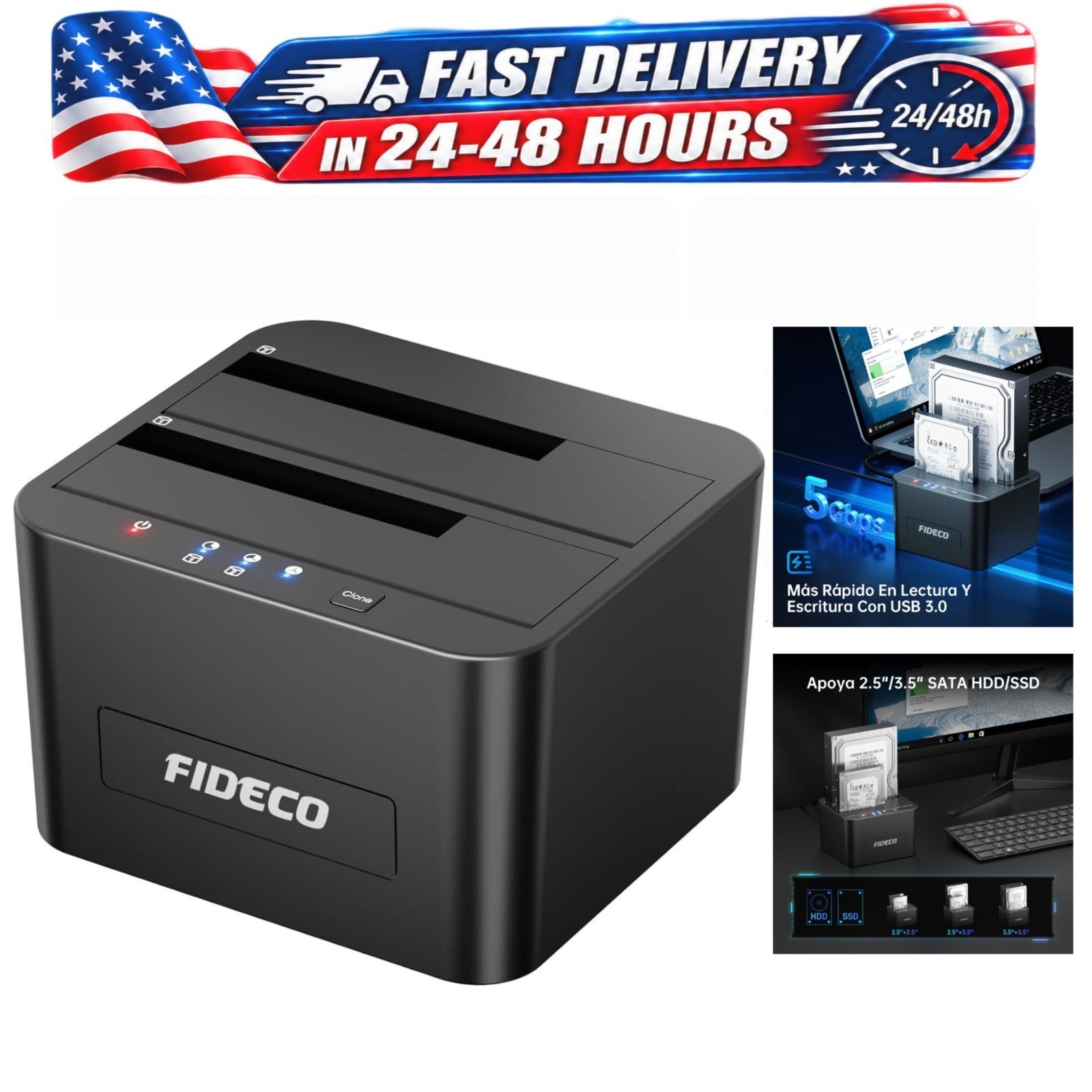 FIDECO Dual Bay Hard Drive Docking Station USB 3.0 for 2.5/3.5in SATA HDD SSD