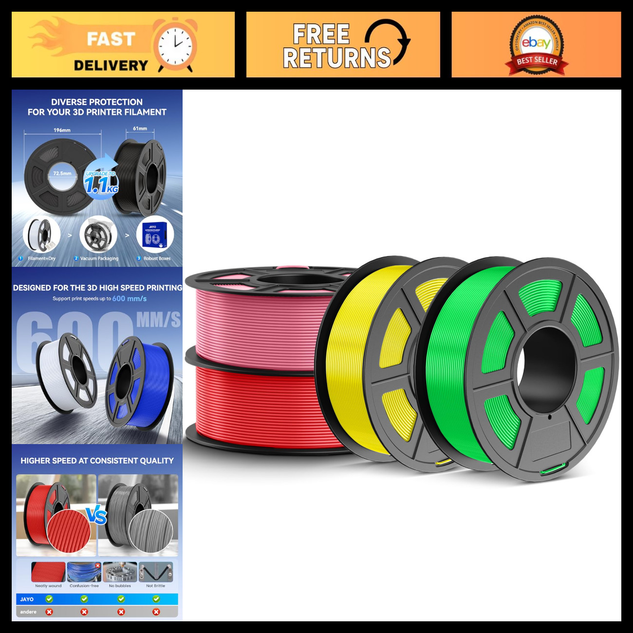 High-Speed 3D Printer Filament Bundle 1.75mm, 1.1kg, 4-Pack, PLA Quality