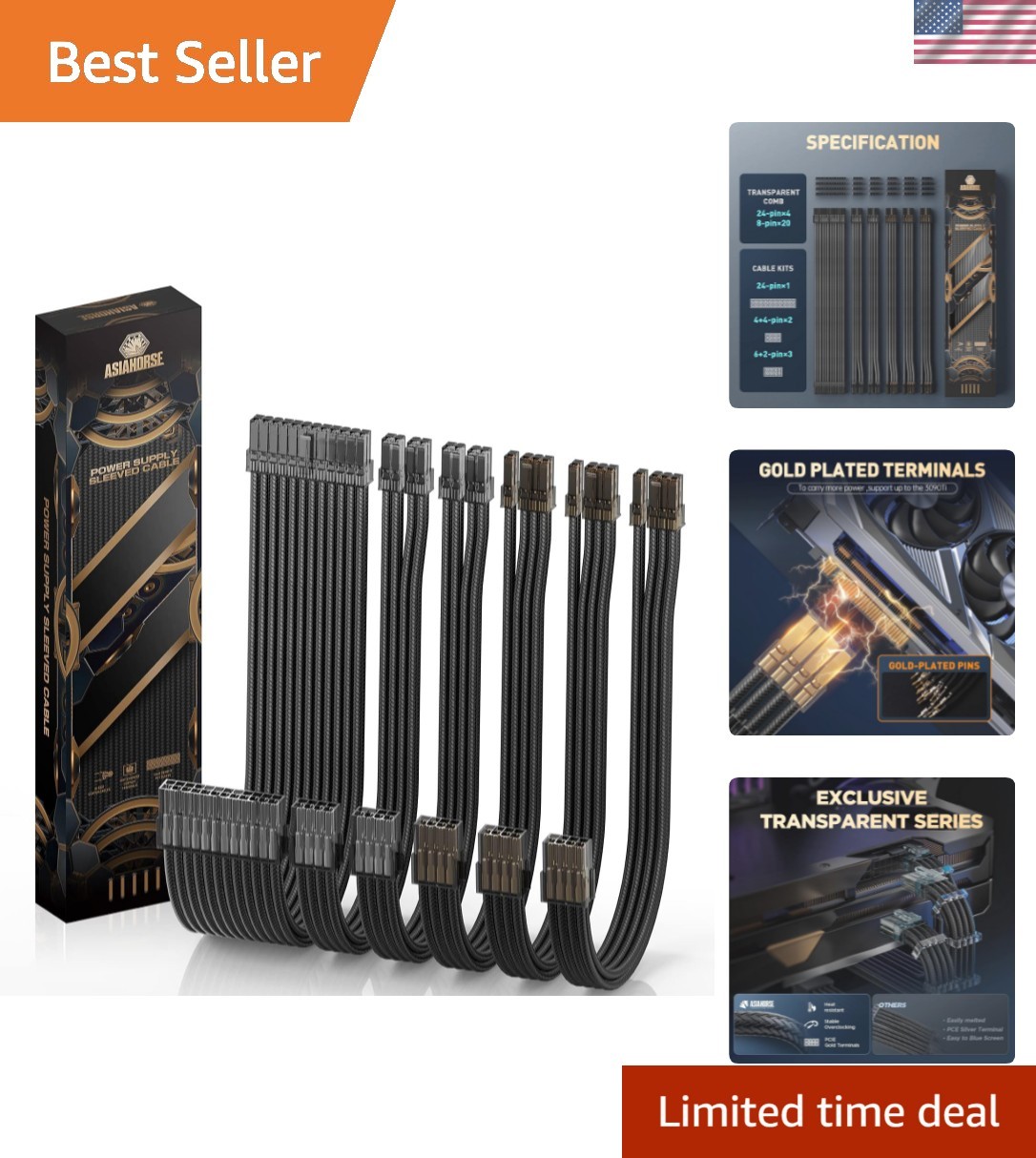 PSU Cable Extension Kit, 24Pin/4+4 EPS/6+2 PCI-E 16AWG Power Supply Sleeved C...