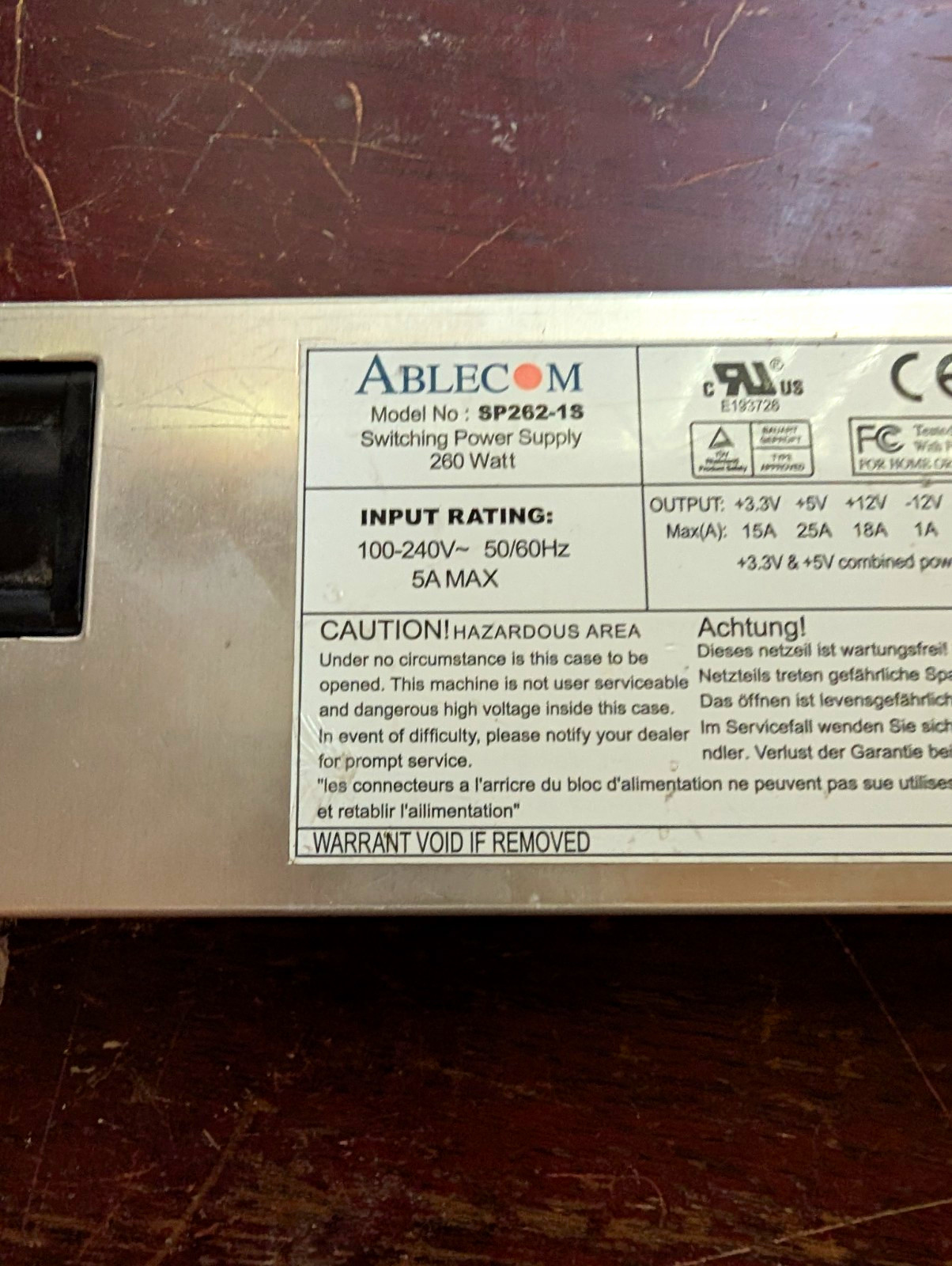 Ablecom SP262-1S 260W Switching Power Supply 24-Pin/4-Pin PWS-0055