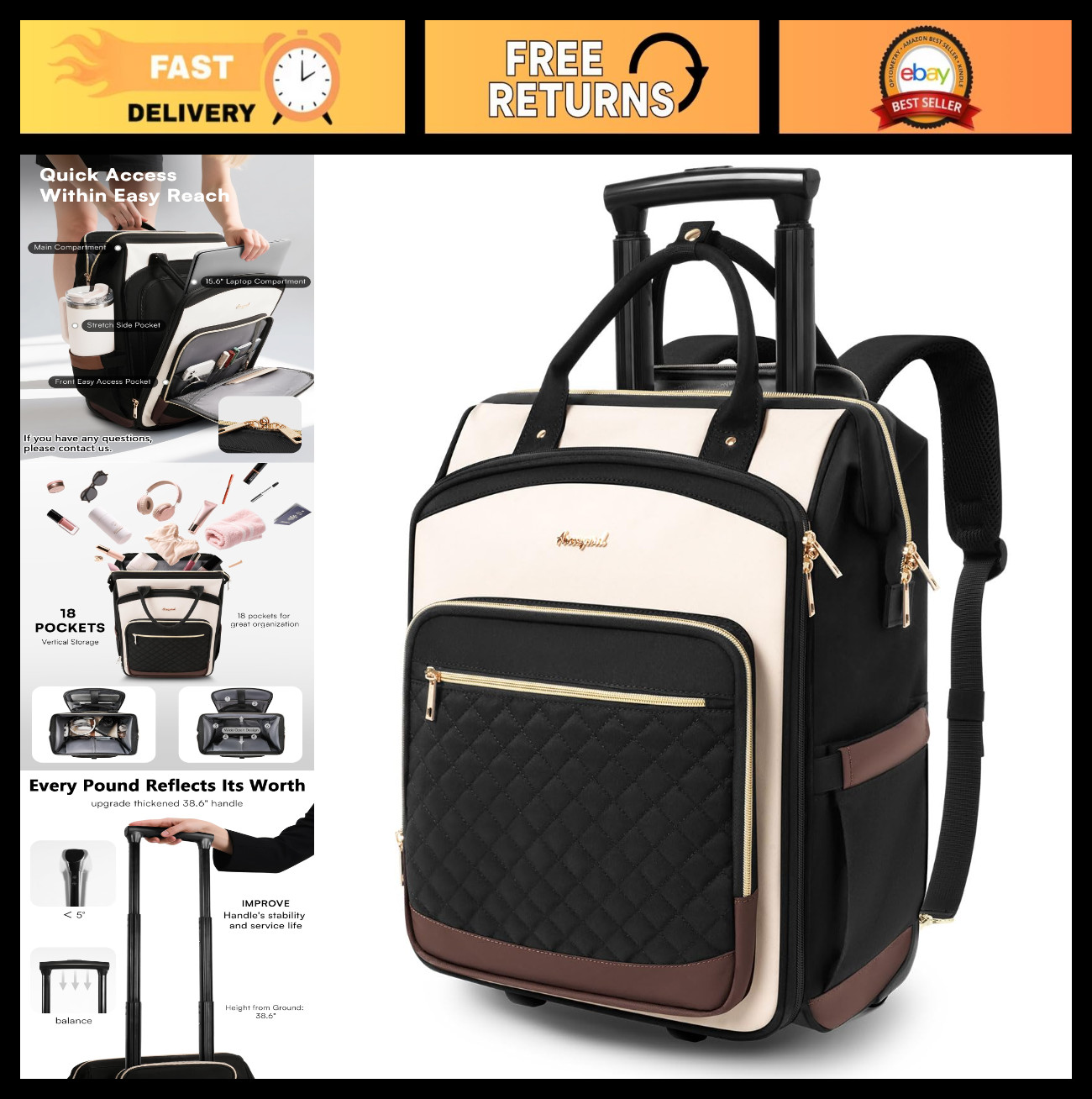 Stylish Rolling Backpack with Wheels, Dual-Opening Laptop Bag for Travel, Colleg