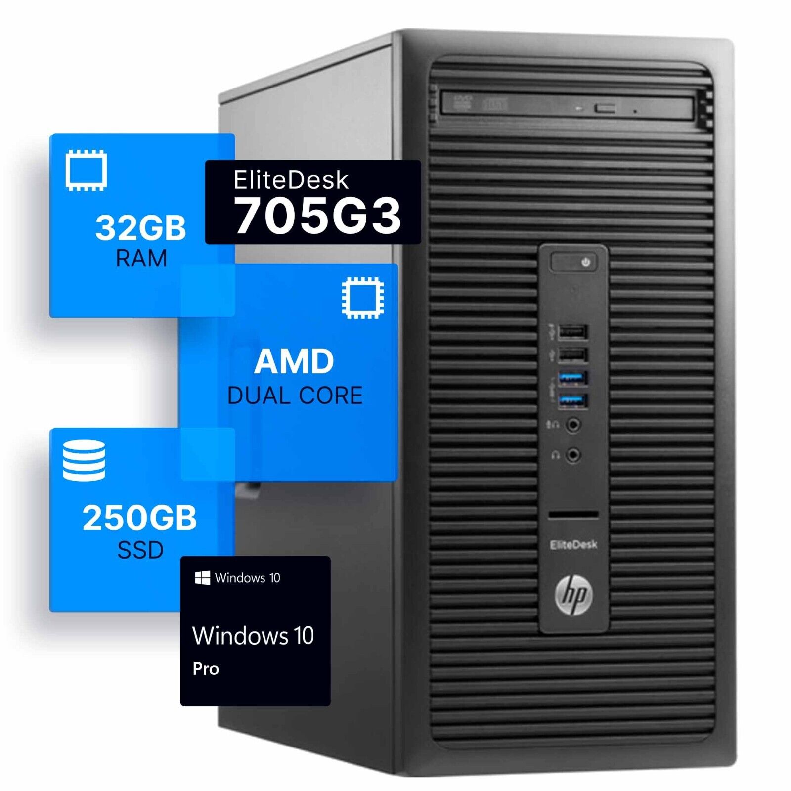 HP 705G3 Desktop Computer Dual-Core AMD A6 Tower PC 32GB RAM 250GB SSD Windows