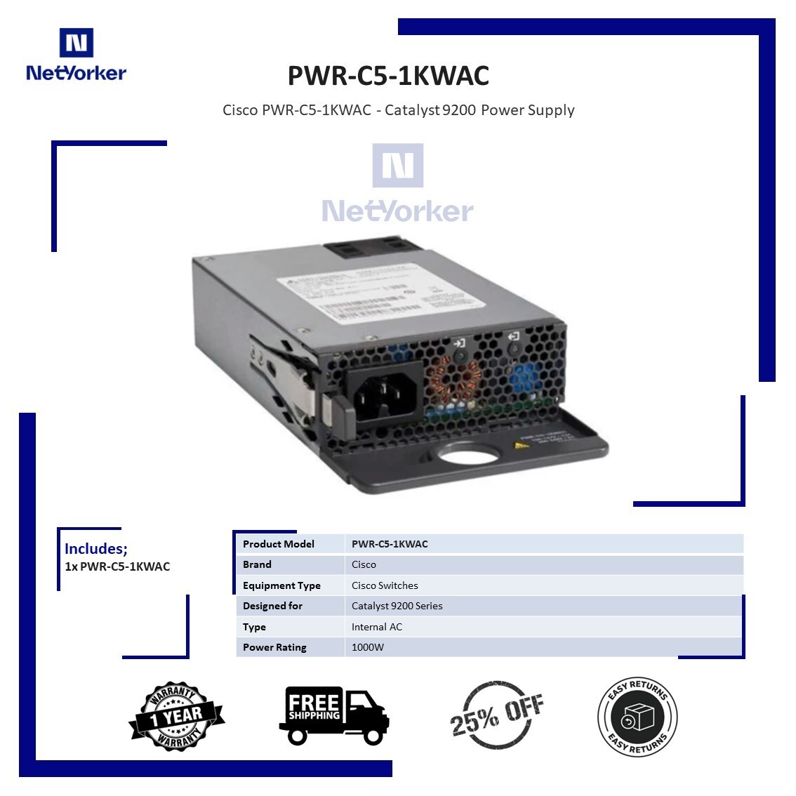 Cisco PWR-C5-1KWAC 1000W Power Supply for 9200 Switches - Same Day Shipping