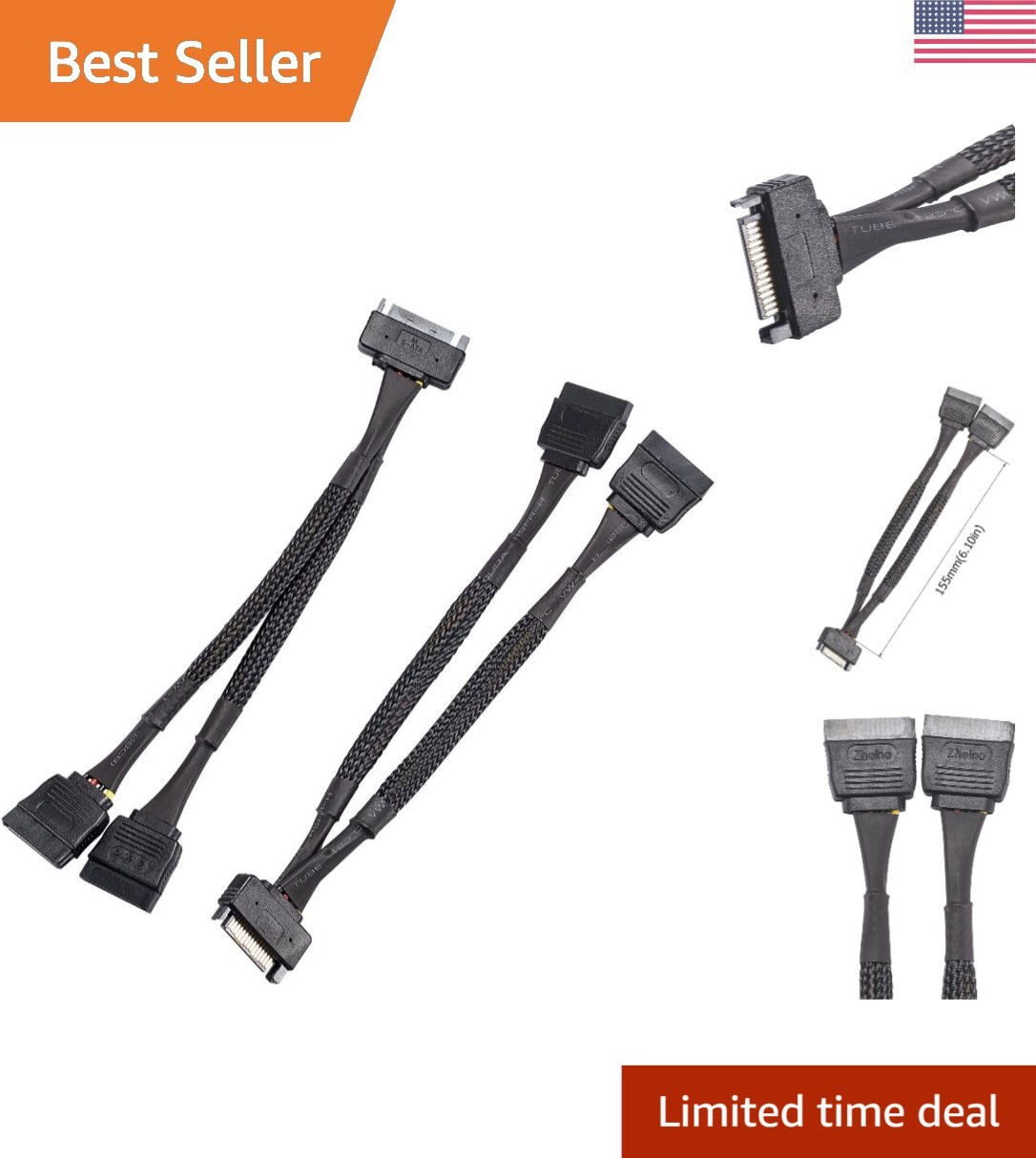 6-Inch SATA Power Extension Cable 2-Pack – Male to 2 Female Connectors