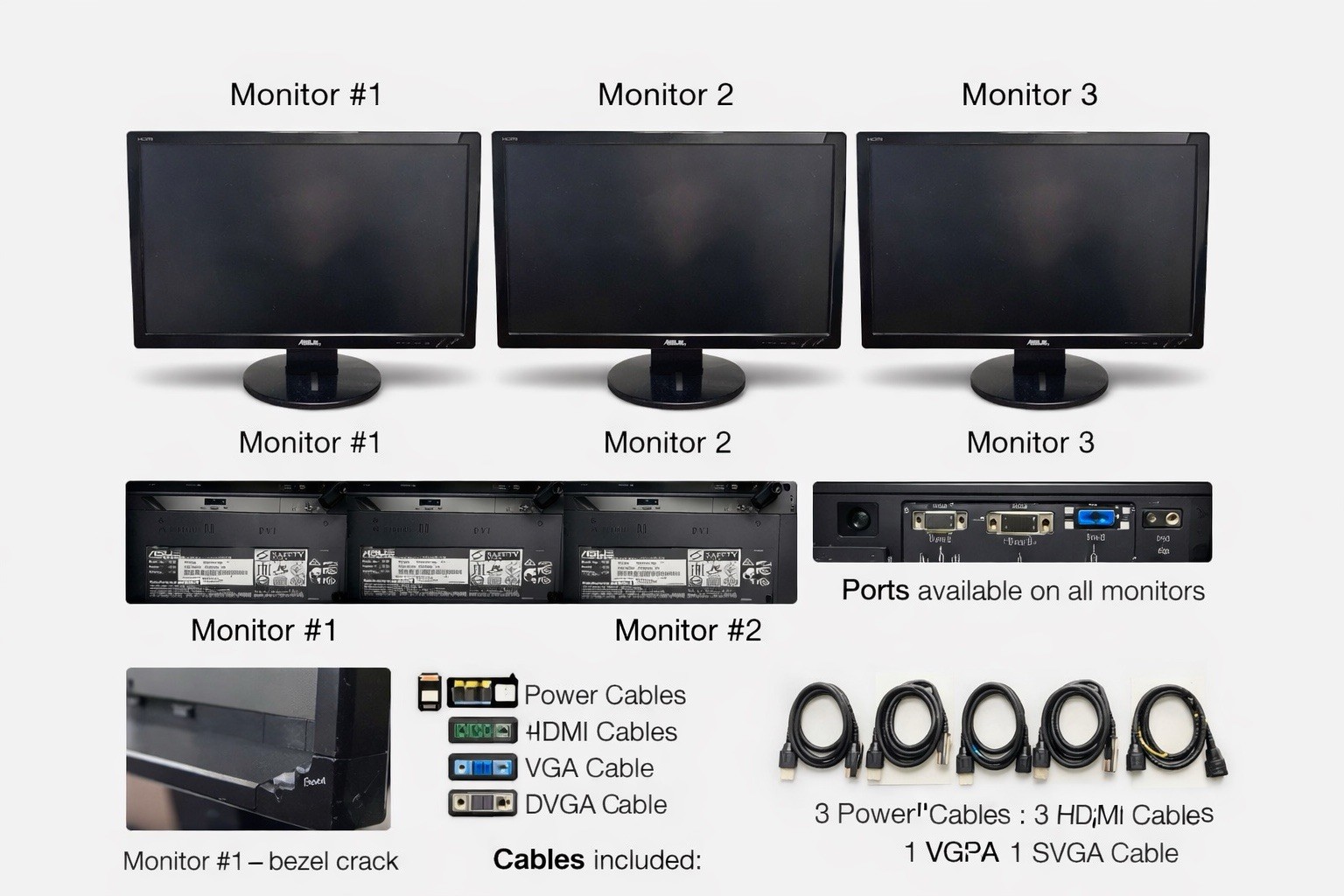 LOT OF 3 Computer Monitors Lot - ASUS   Working (Missing Buttons)