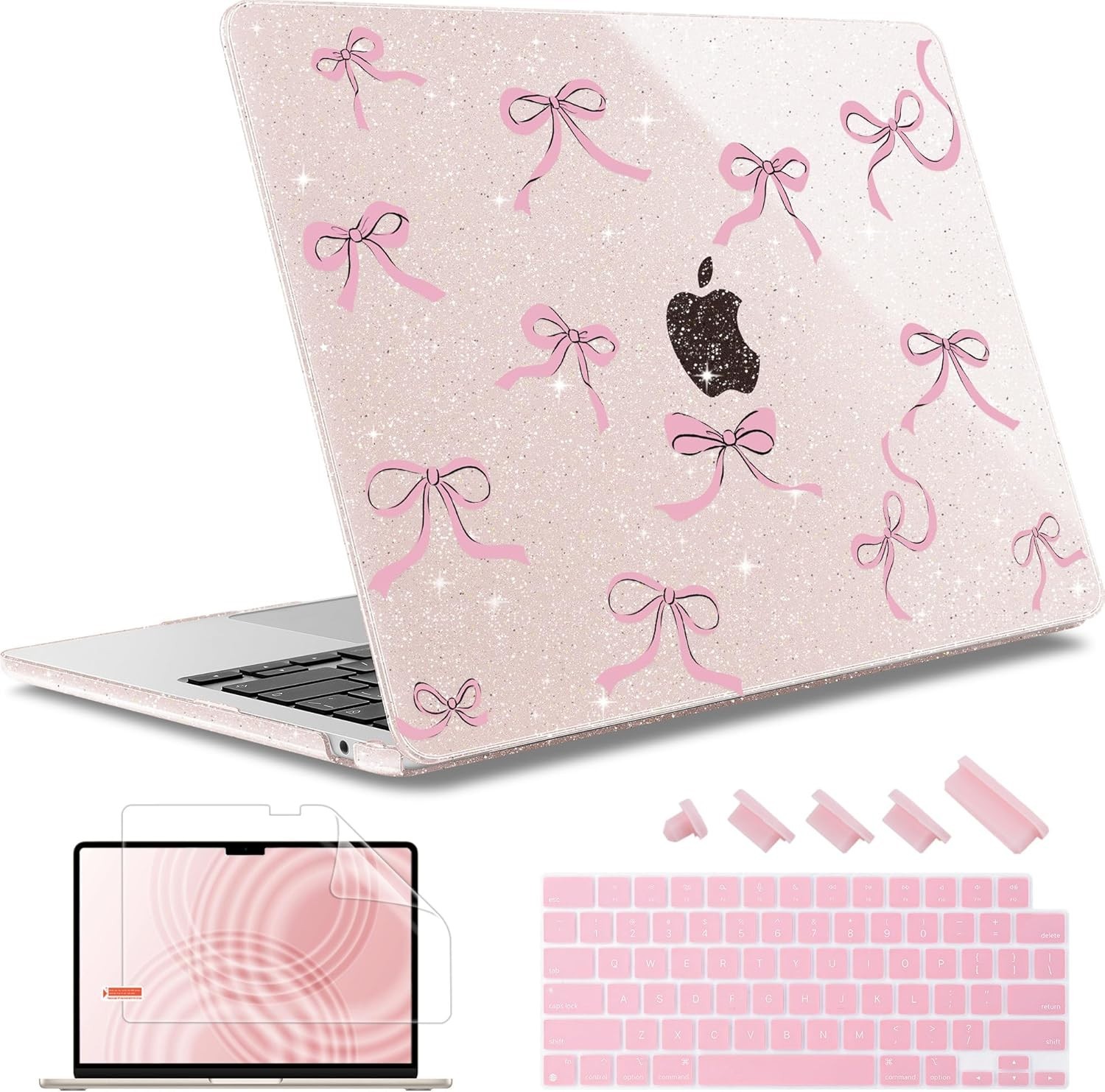 Elegant Sakura Pink Glitter Bow Hard Shell Case for 2022-2026 MacBook Air 15"