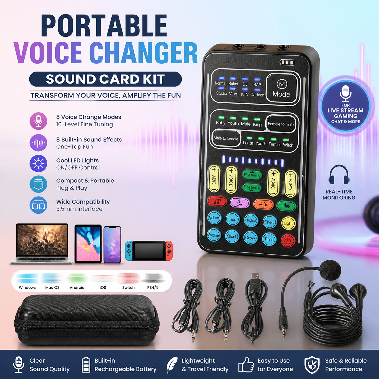 Handheld Voice Changer with LED Lights 8 Sound Effects for Phone PC Switch