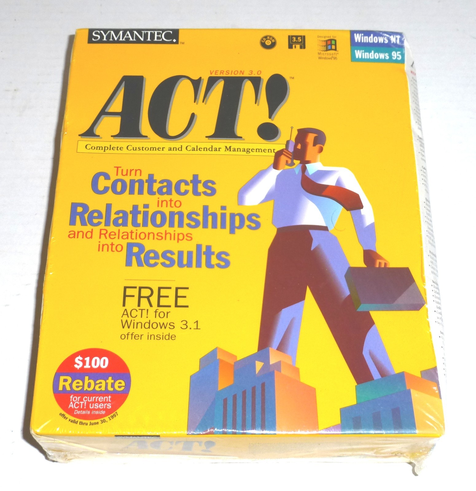 Vintage Symantec ACT Version 3.0 For Windows NT, 95 3.5" Floppy & CD NEW,Sealed