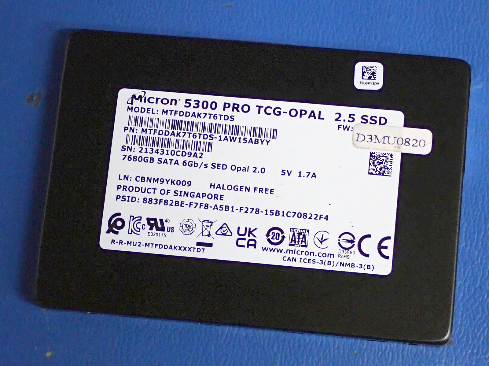 MICRON MTFDDAK7T6TDS 7.68TB 2.5" 2.5" SATA SSD | 4,317 Hours, 98.6% Health