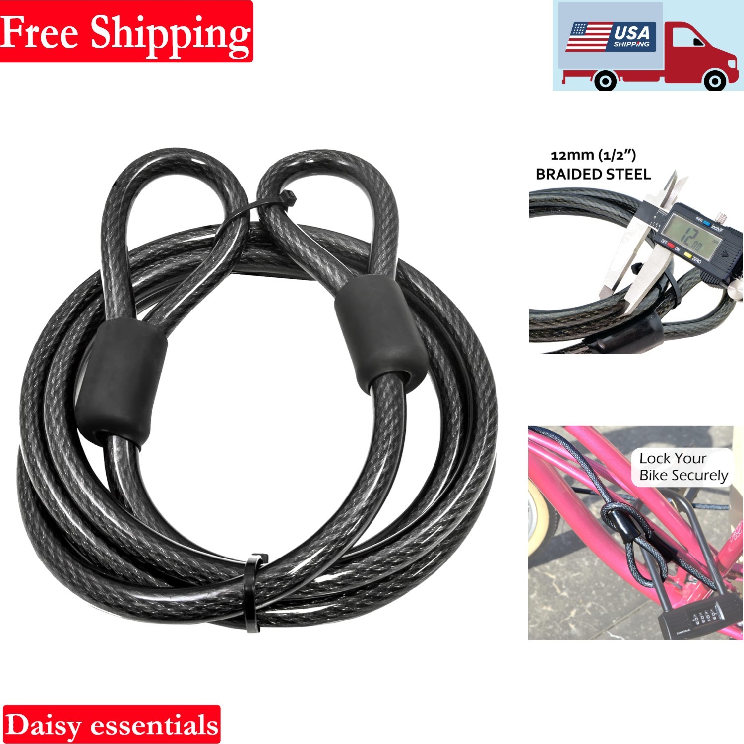 Heavy-Duty Security Cable 12mm Braided Steel Vinyl Coated 4-30ft U-Lock Loop