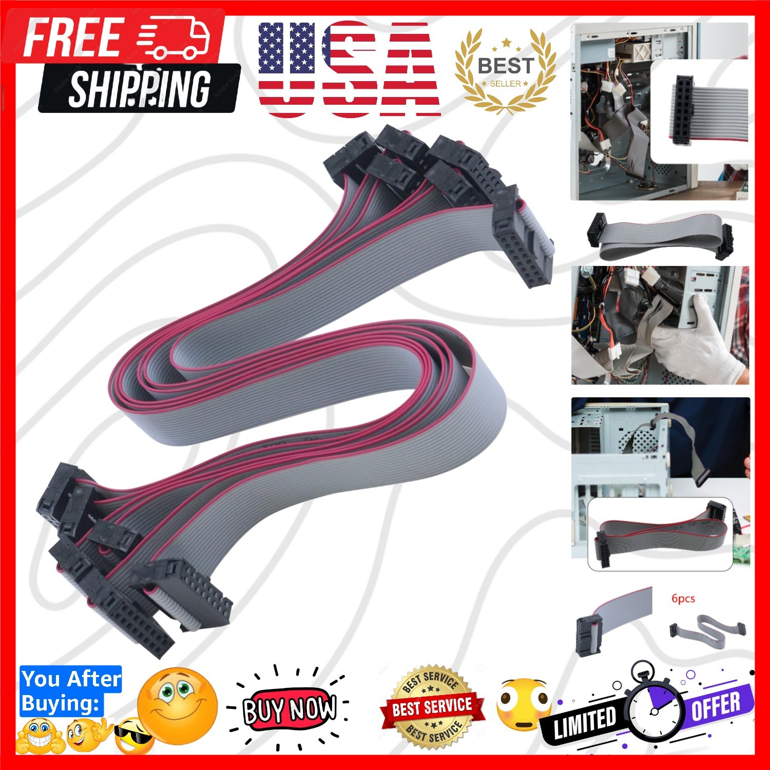 6pcs 30cm 16Pin IDC Ribbon Cables w 2.54mm Female-Female FC Socket