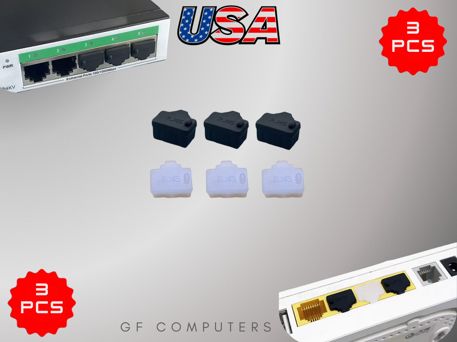 3x RJ45 Ethernet Port Plug Insert Dust Cover Cap Protector Black