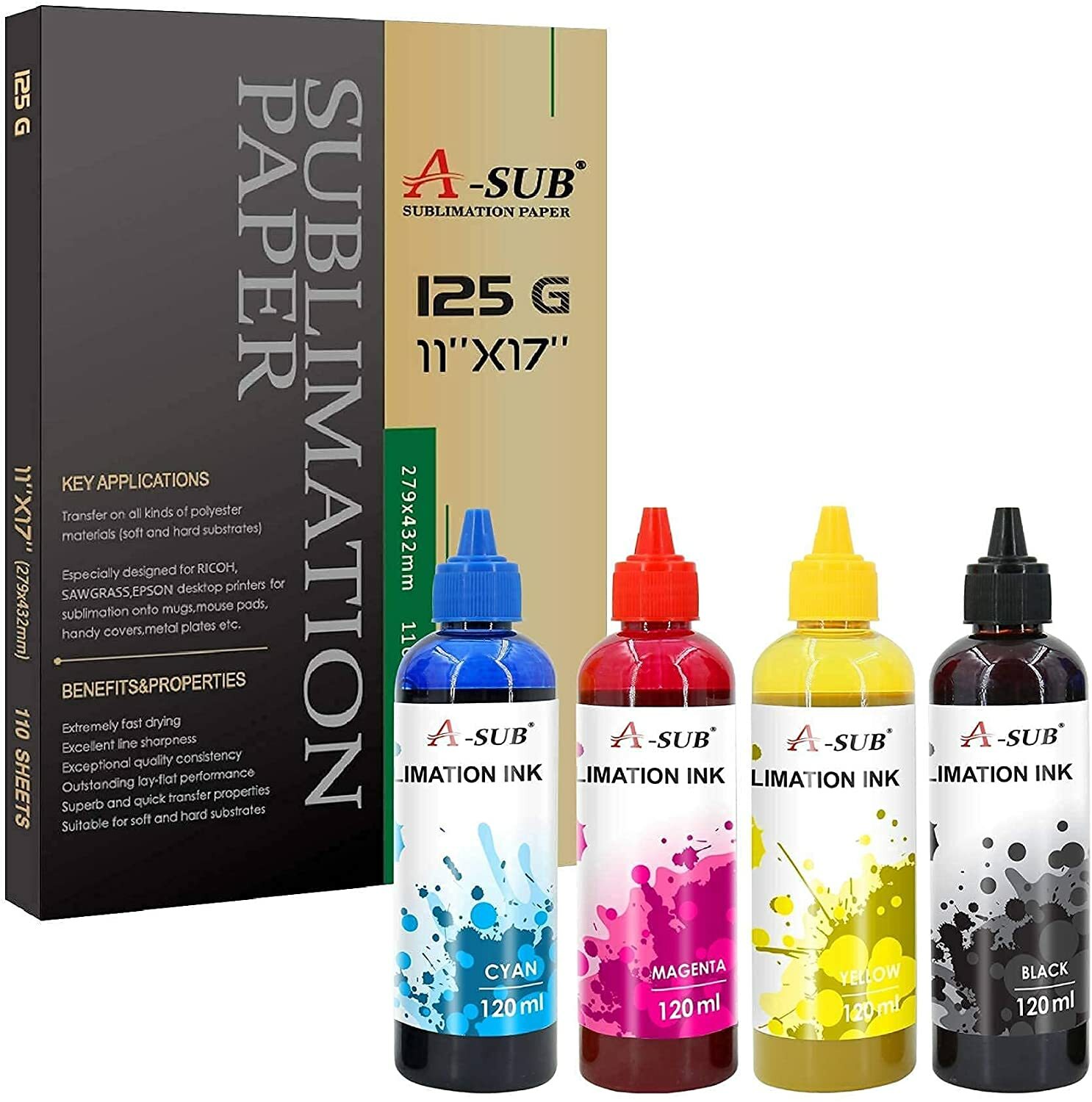 Bundle A-SUB Sublimation Paper 11x17 125g +  Universal A-SUB Sublimation Ink 4PK