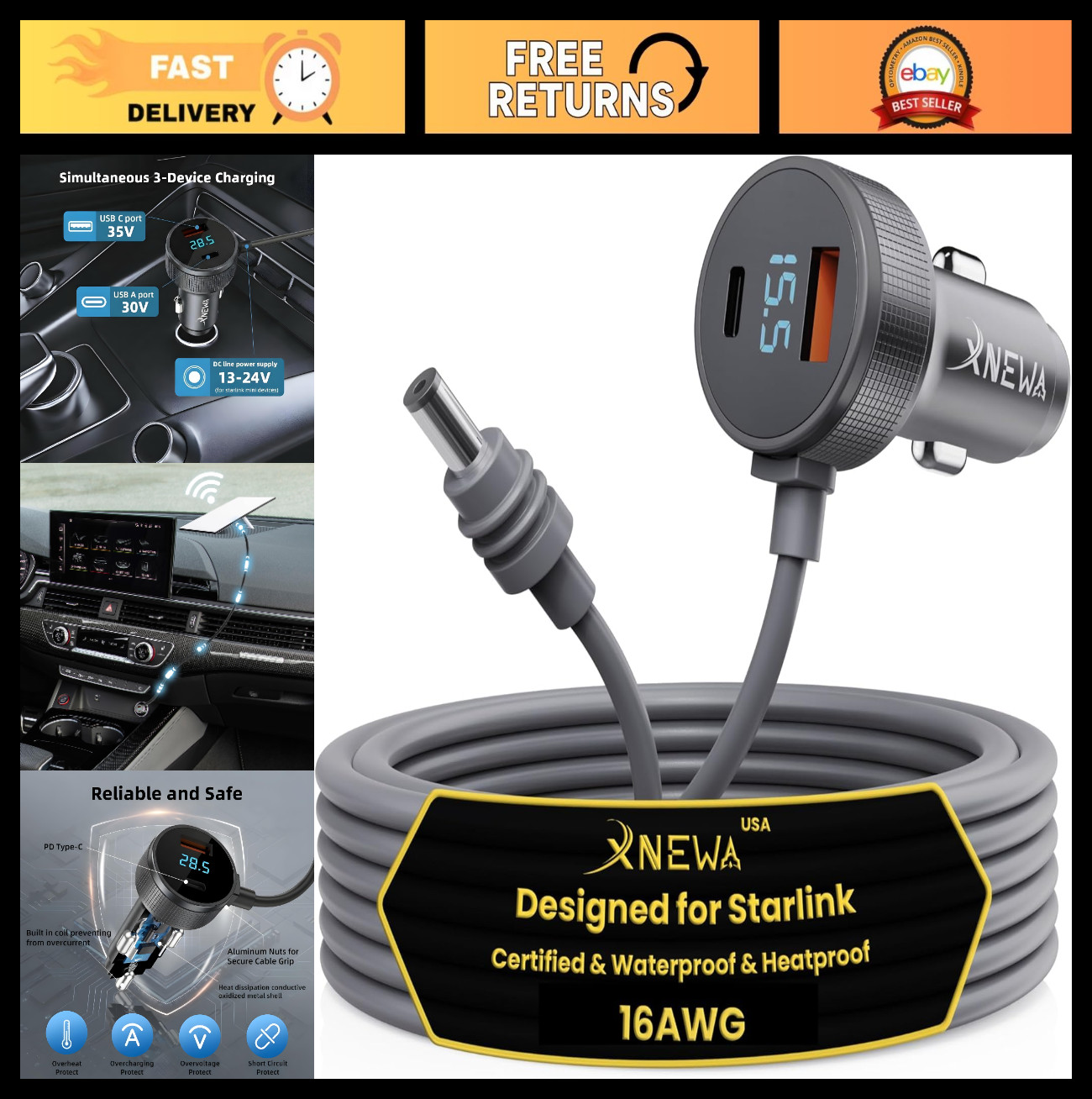 5M/16FT Mini Car Adapter & 3-in-1 Power Cable for Starlink Satellite System