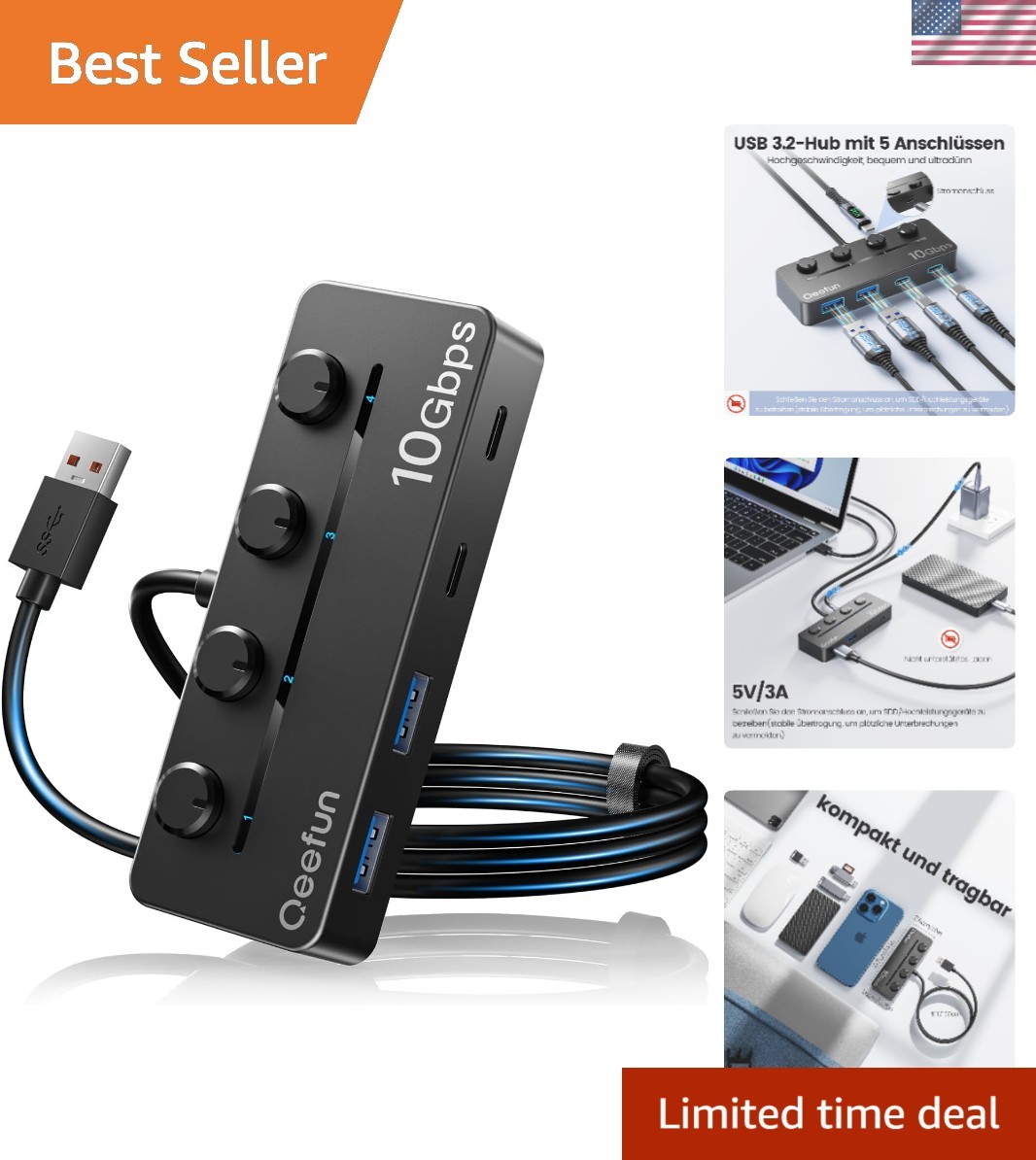 Effortless Data Transfer - Qeefun 4-Port USB 3.2 Hub with LED Indicators