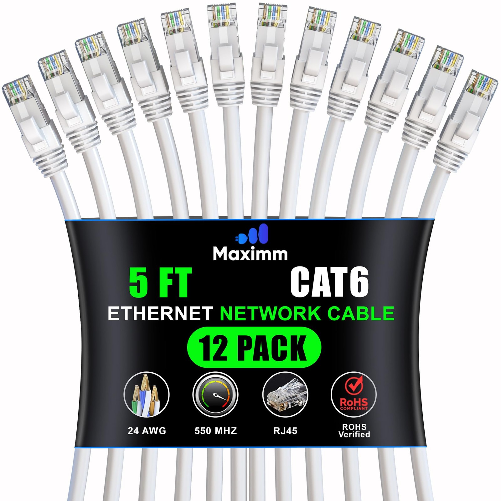 12 PCS Cat 6 Ethernet Cable 5 Ft High-Speed LAN Internet Patch Cord White