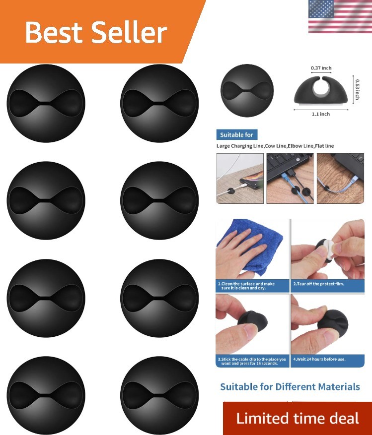 Effortless Cable Management with 8 Black Self-Adhesive Clips - All Surface Use
