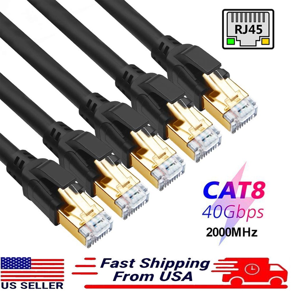 Cat 8 RJ45 Ethernet Cable 40Gbps Patch LAN Network Gold Plated Black 6.5FT-50FT