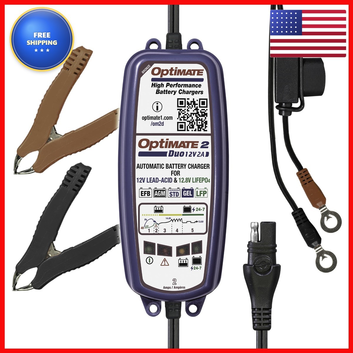 Tecmate Optimate 2 Duo TM-551 5-Step 12V/12.8V 2A Battery Charger Maintainer