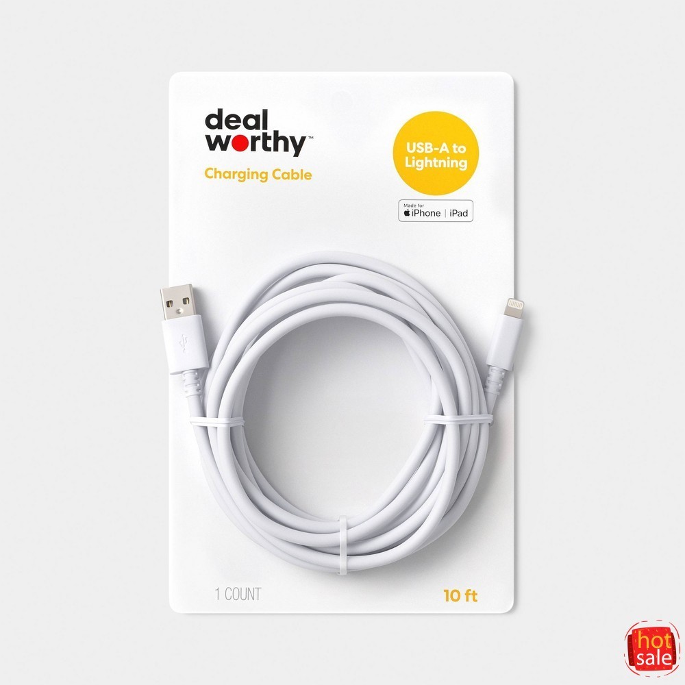 10ft USB-A to Lightning Cable White-2pack