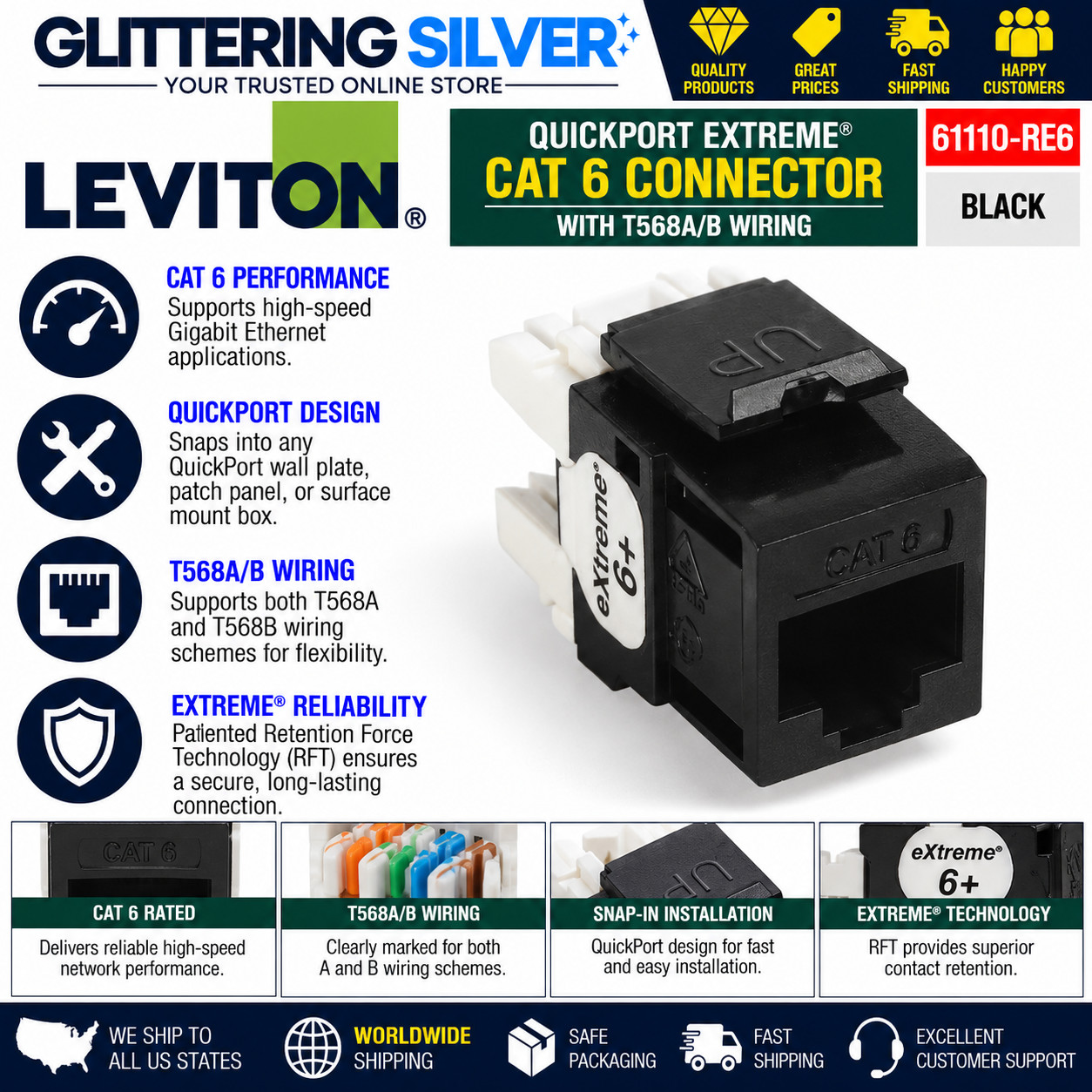 Leviton 61110-RE6 QuickPort Extreme Cat6 RJ45 Connector T568A/B Black