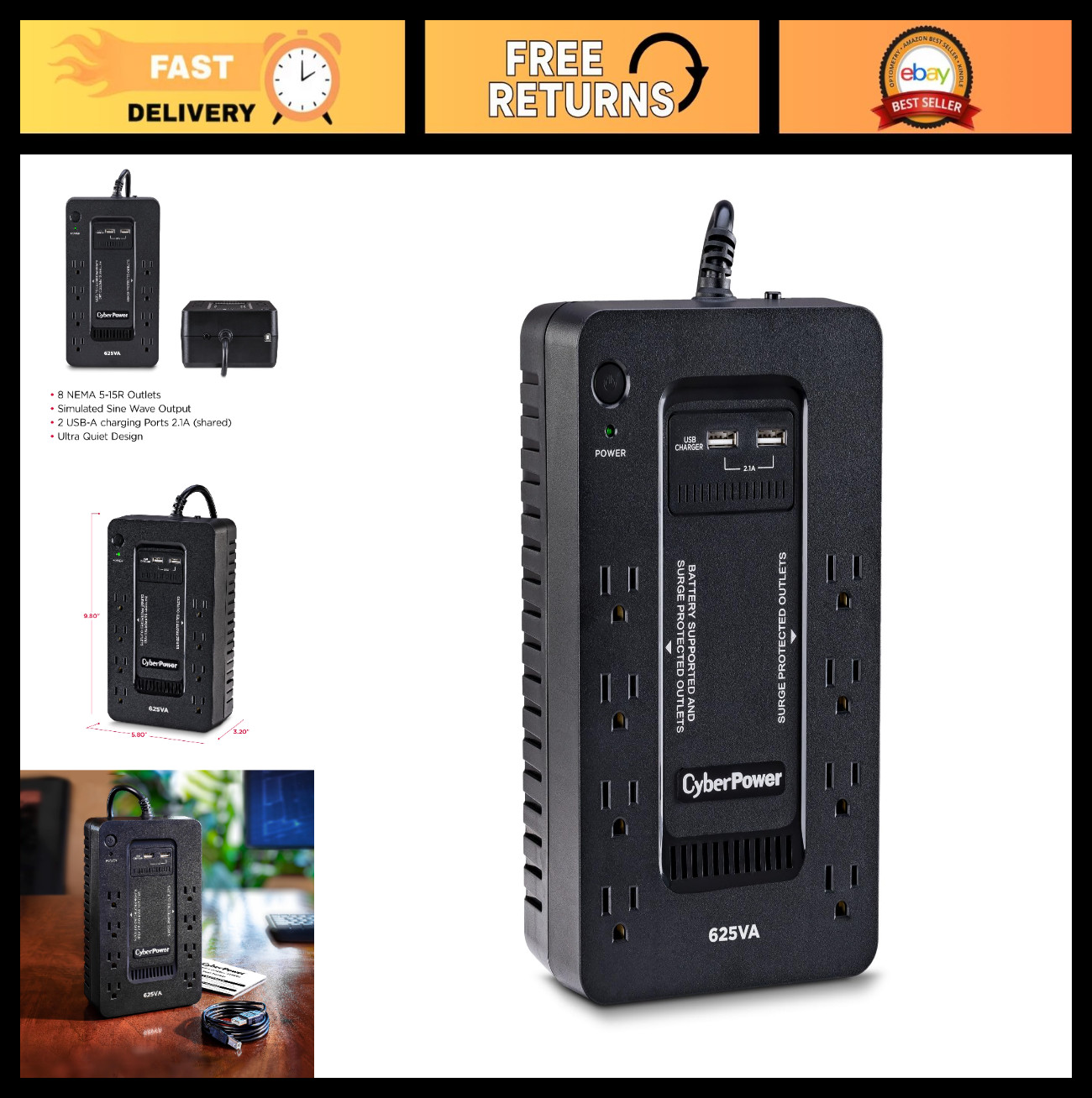 Standby UPS Battery Backup & Surge Protector, 625VA, Reliable Power Supply