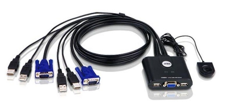 Aten Petite 2 Port USB VGA KVM Switch CS-22U with Remote Port Selector and cable