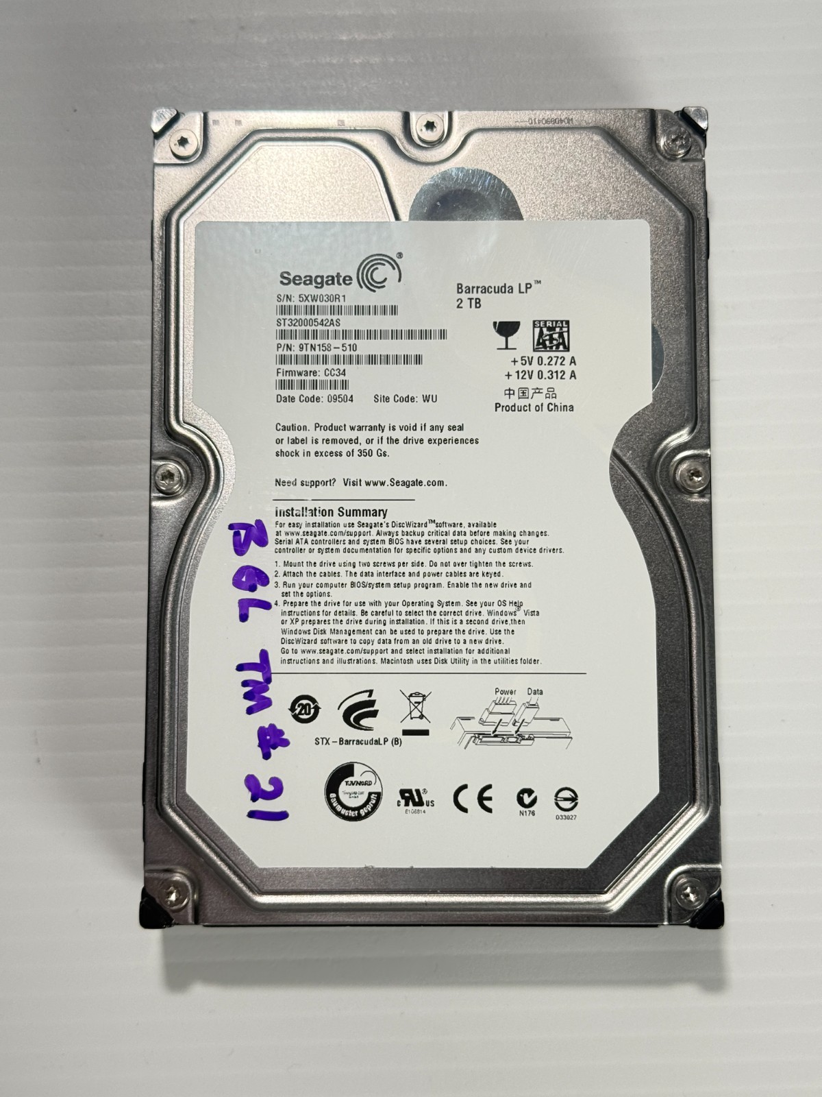 Seagate ST32000542AS 2TB 3.5" 5900 RPM 32MB SATA Hard Drive HDD P/N: 9TN158-510.