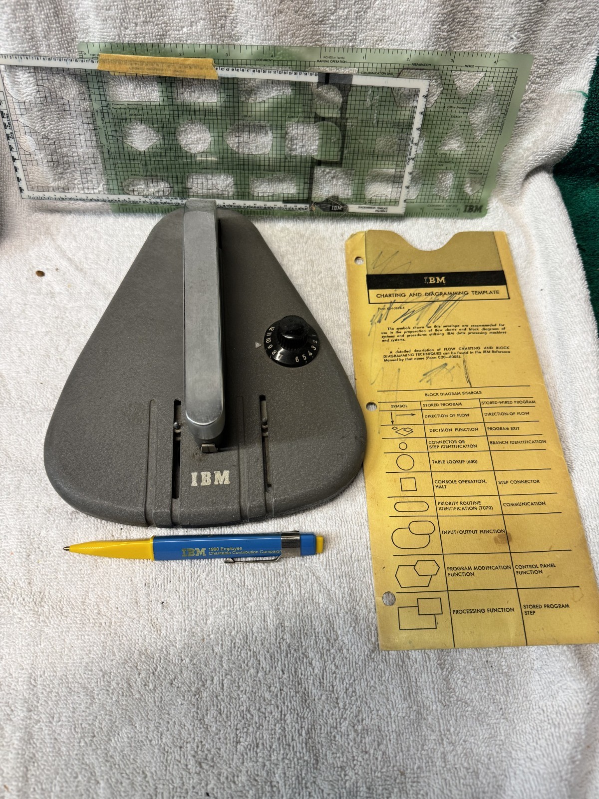 Vintage IBM Carriage Control Tape Punch + Flow Chart Templates + Pen