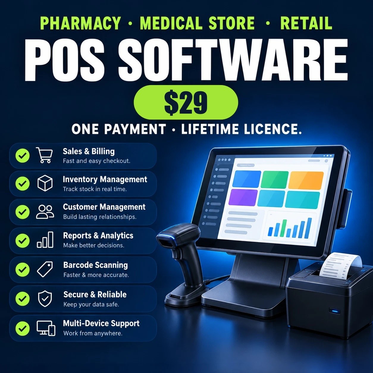 POS Software Lifetime License Pharmacy Retail Grocery Billing Inventory No Fee