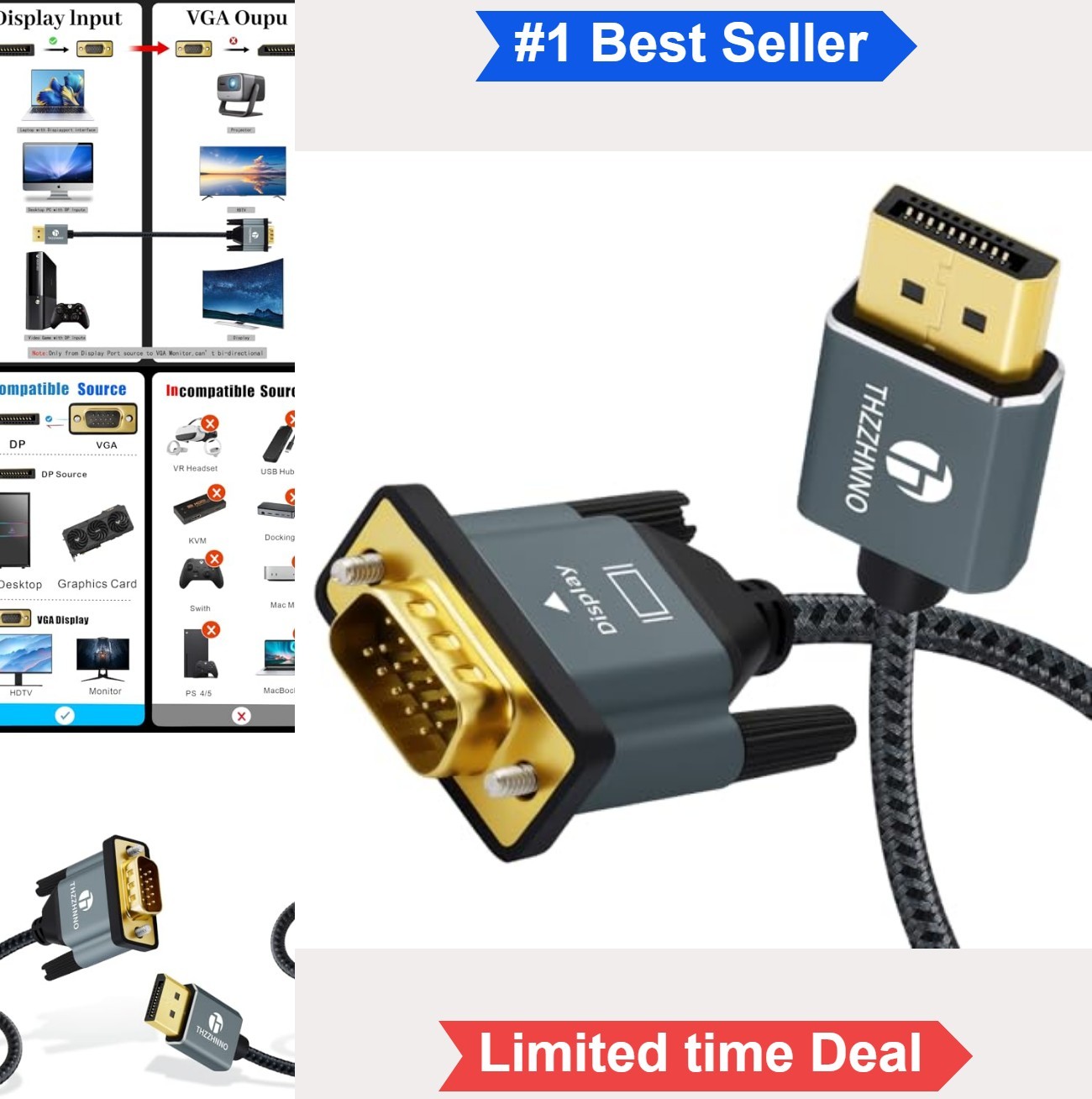 DisplayPort to VGA Cable 10FT Male to Male Adapter Cord 1080P for Monitor