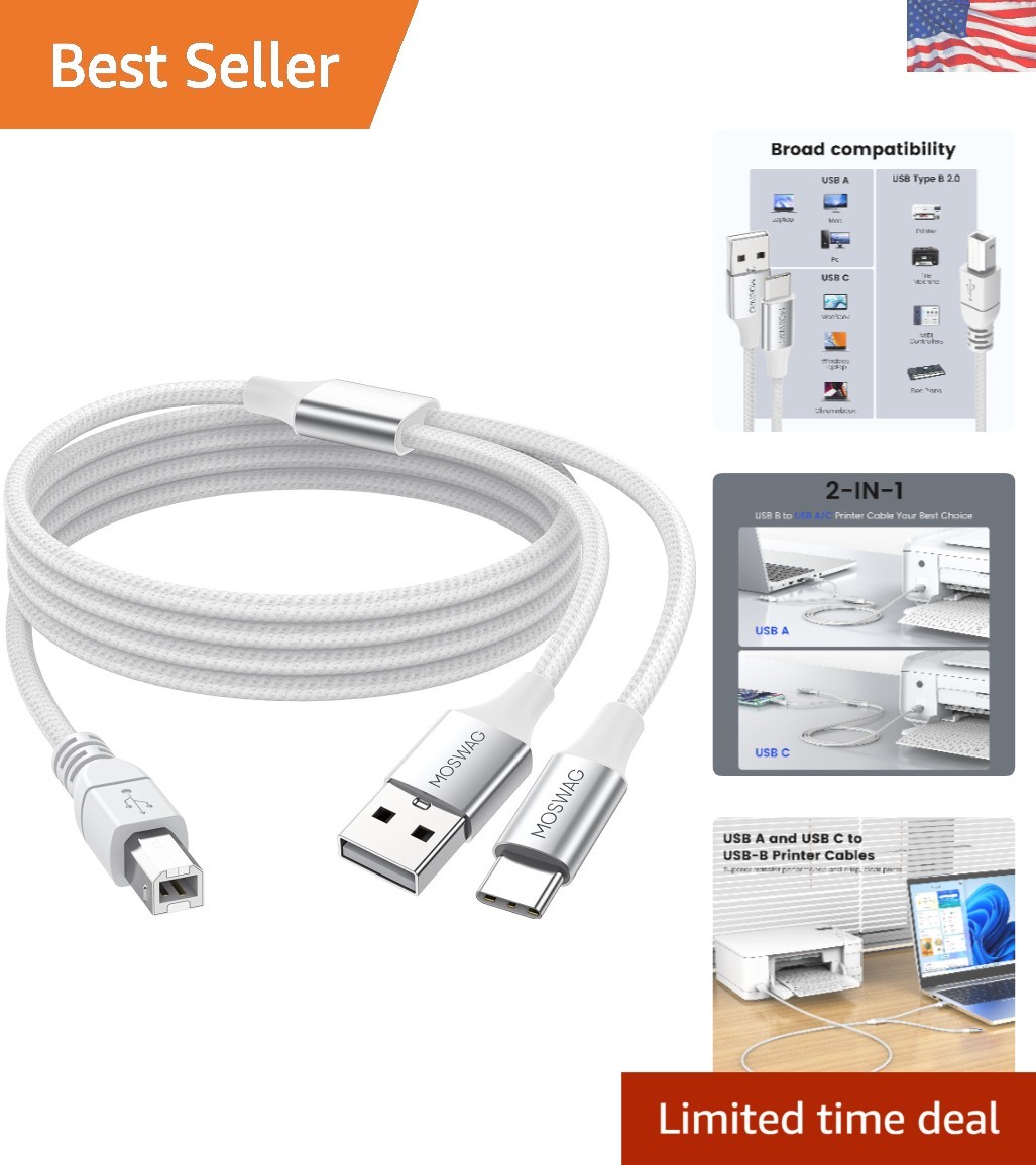 USB C to B Printer Cable 5FT - Multi-Device Compatible with USB MIDI Support