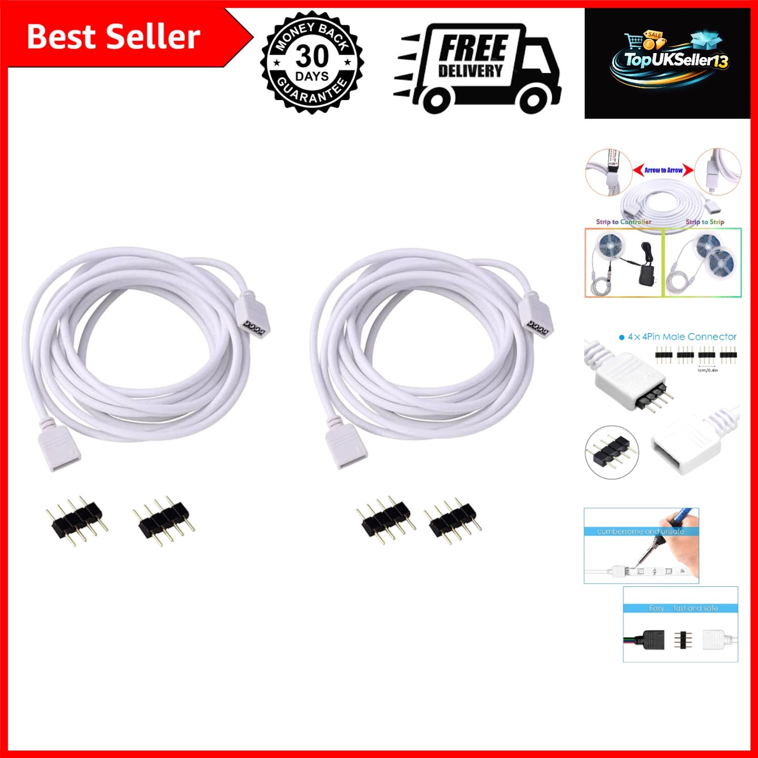 2 Pcs 9.84ft RGB LED Extension Cables with 4Pcs 4 Pin Connectors