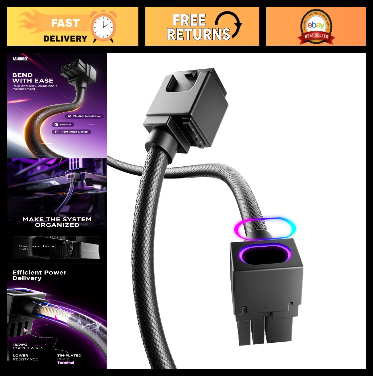 ARGB GPU PSU Extension Cable 8-Pin, Copper Wire, 2000W Power, Minimalist Design,