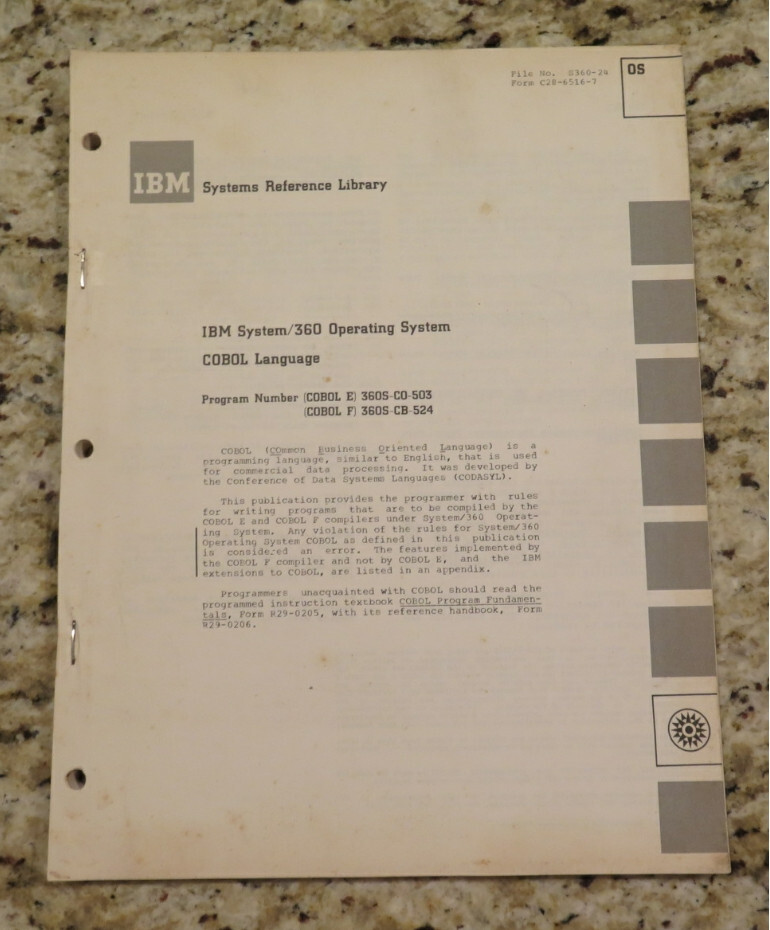 Vintage IBM System/360 Operating System COBOL Language E and F Dated 1965