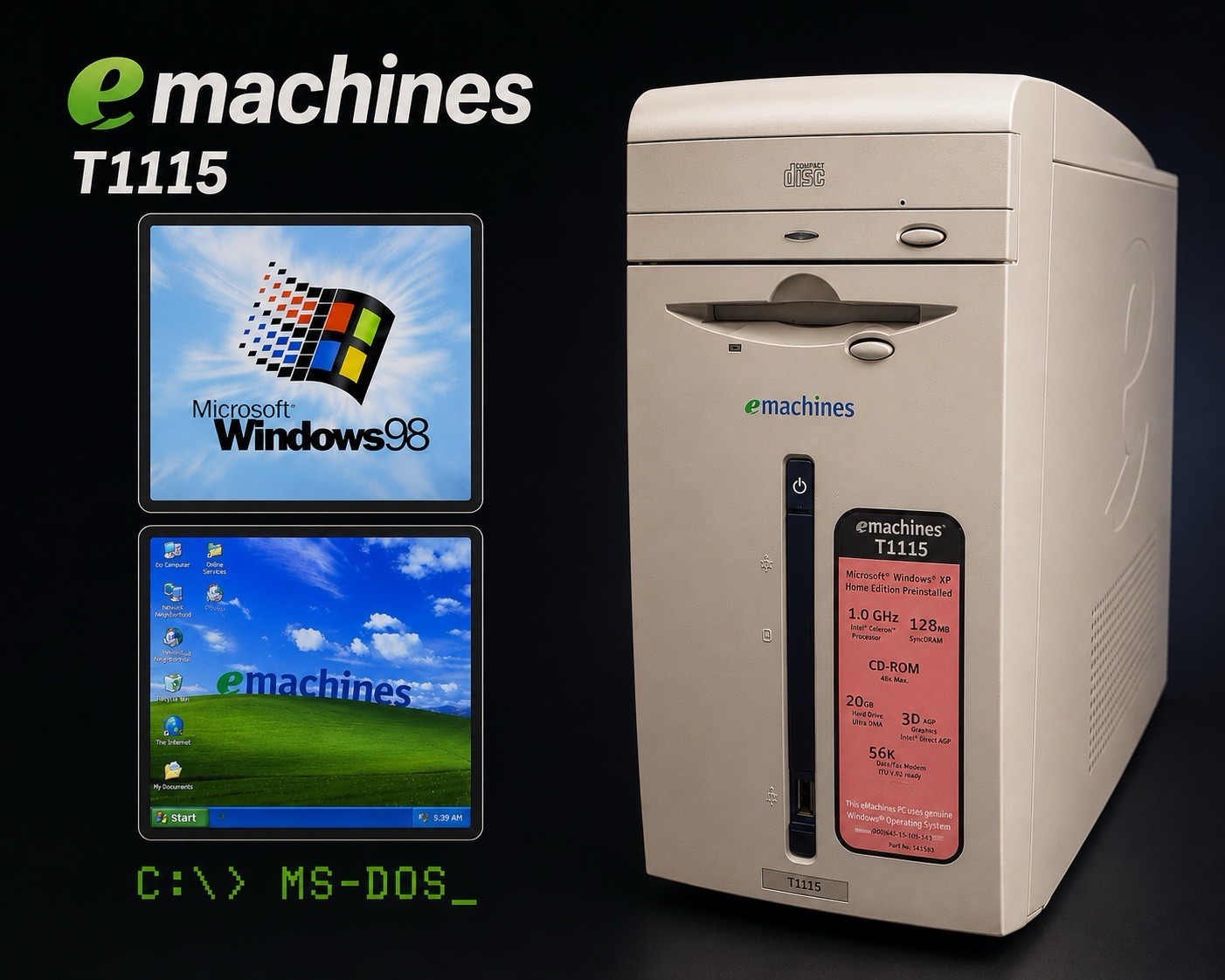 VINTAGE eMachine Desktop PC Pentium 3 Windows 98 XP Dual Boot Retro Gaming