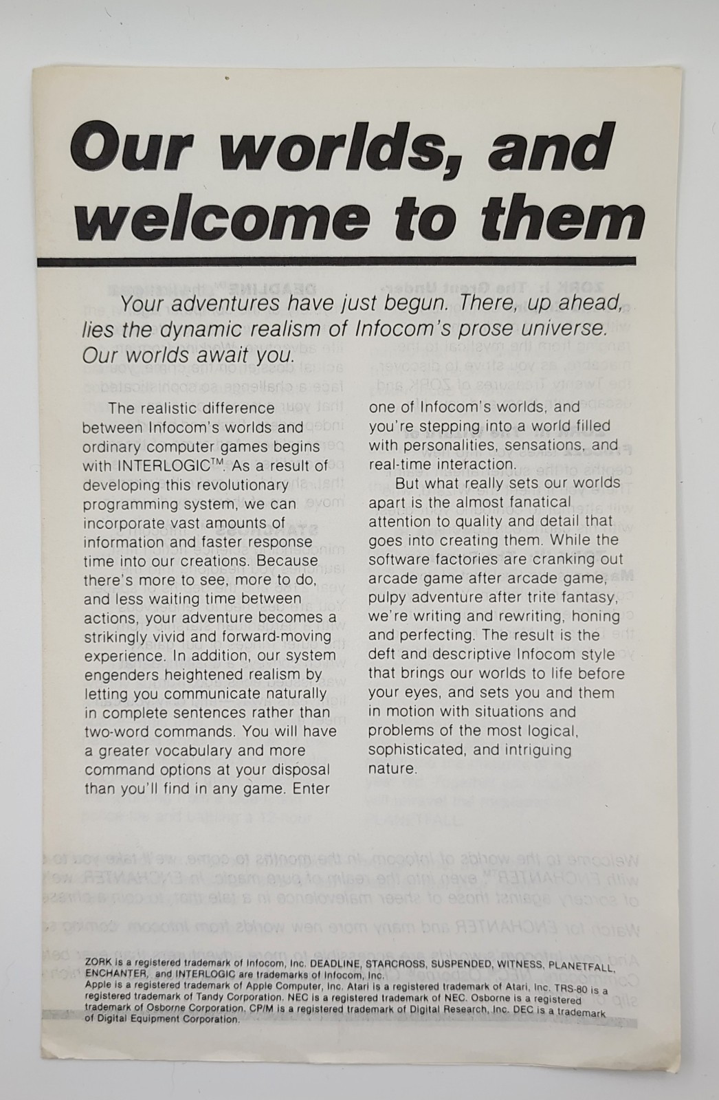 VINTAGE INFOCOM 1983 Catalog Our Worlds and Welcome to Them #F8