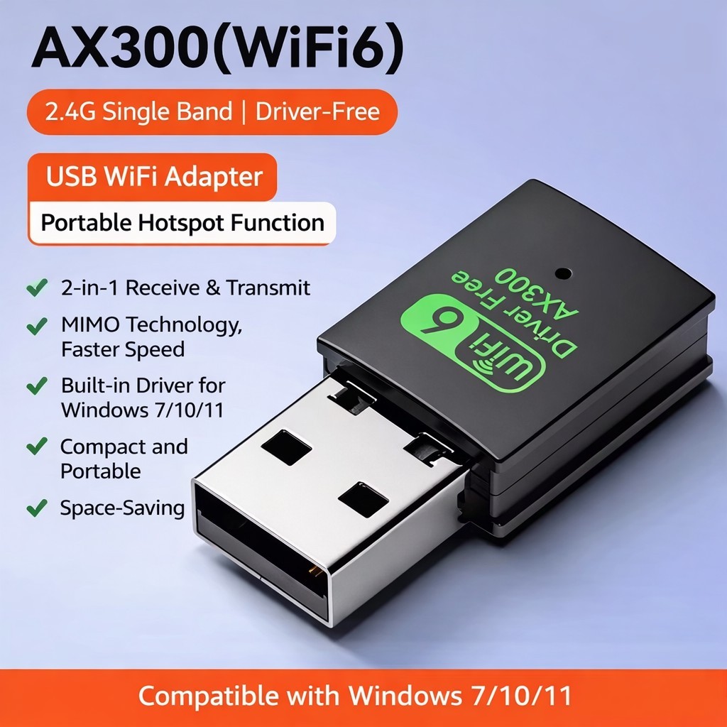 AX300 WiFi 6 USB Adapter 2.4GHz Driver Free Wireless Dongle for PC Laptop