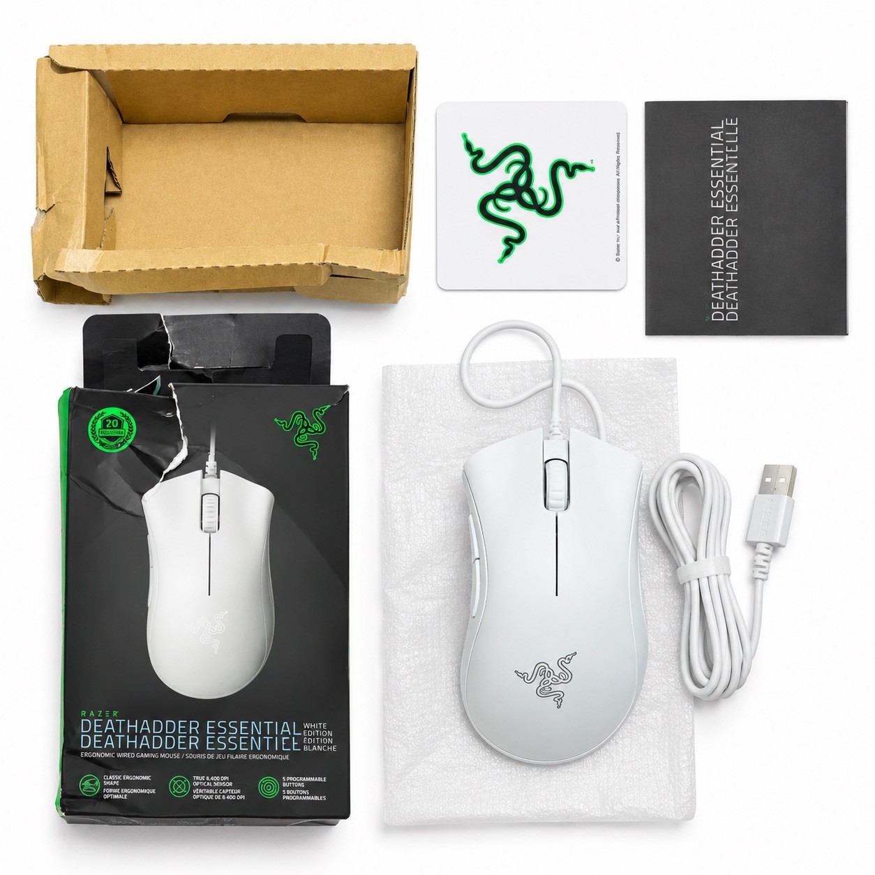 Razer DeathAdder Essential Wired Optical Gaming Mouse White 6400 DPI 5 Buttons