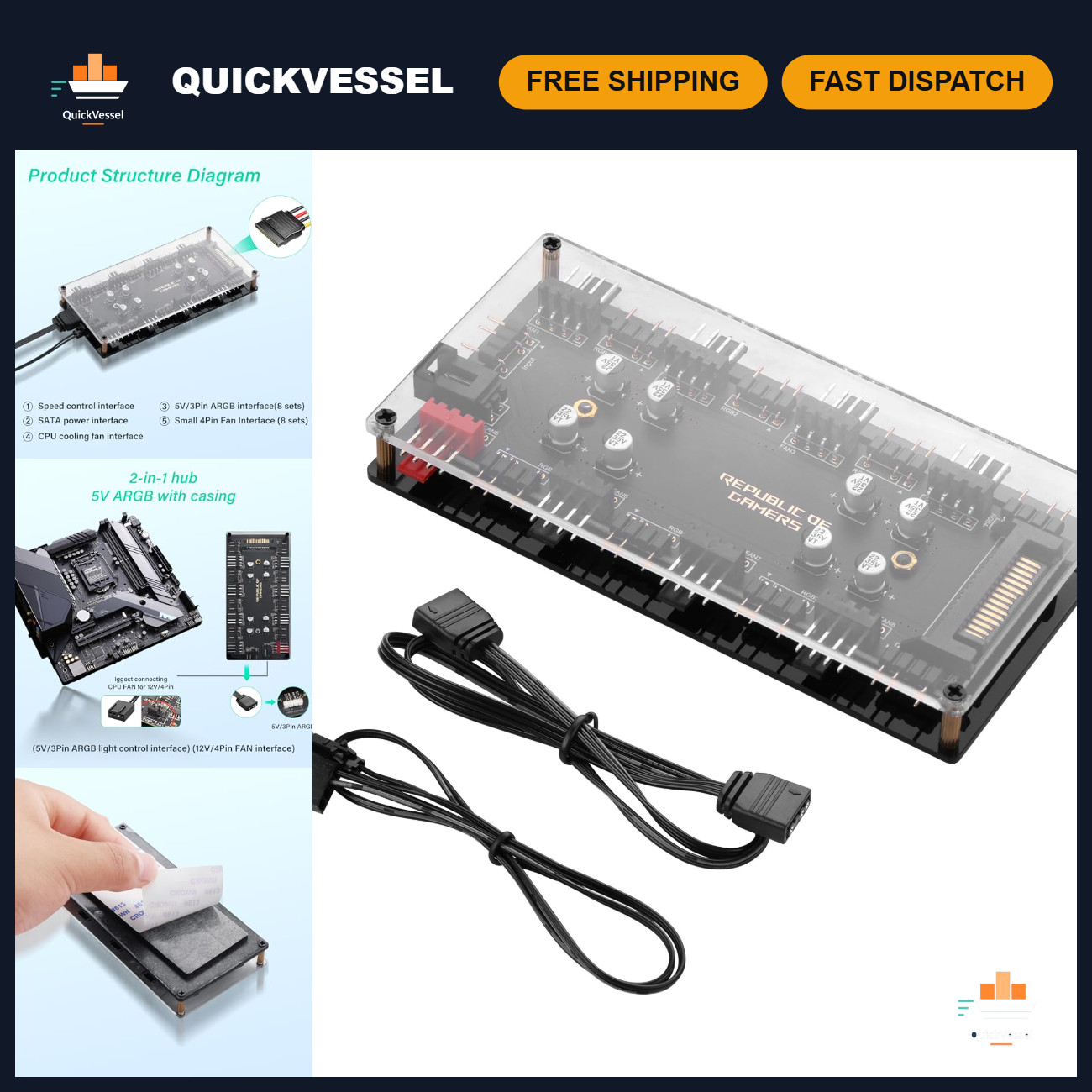 8-Channel PWM ARGB Fan Hub, 5V 3-Pin & 4-Pin Connector, RGB Lighting Control