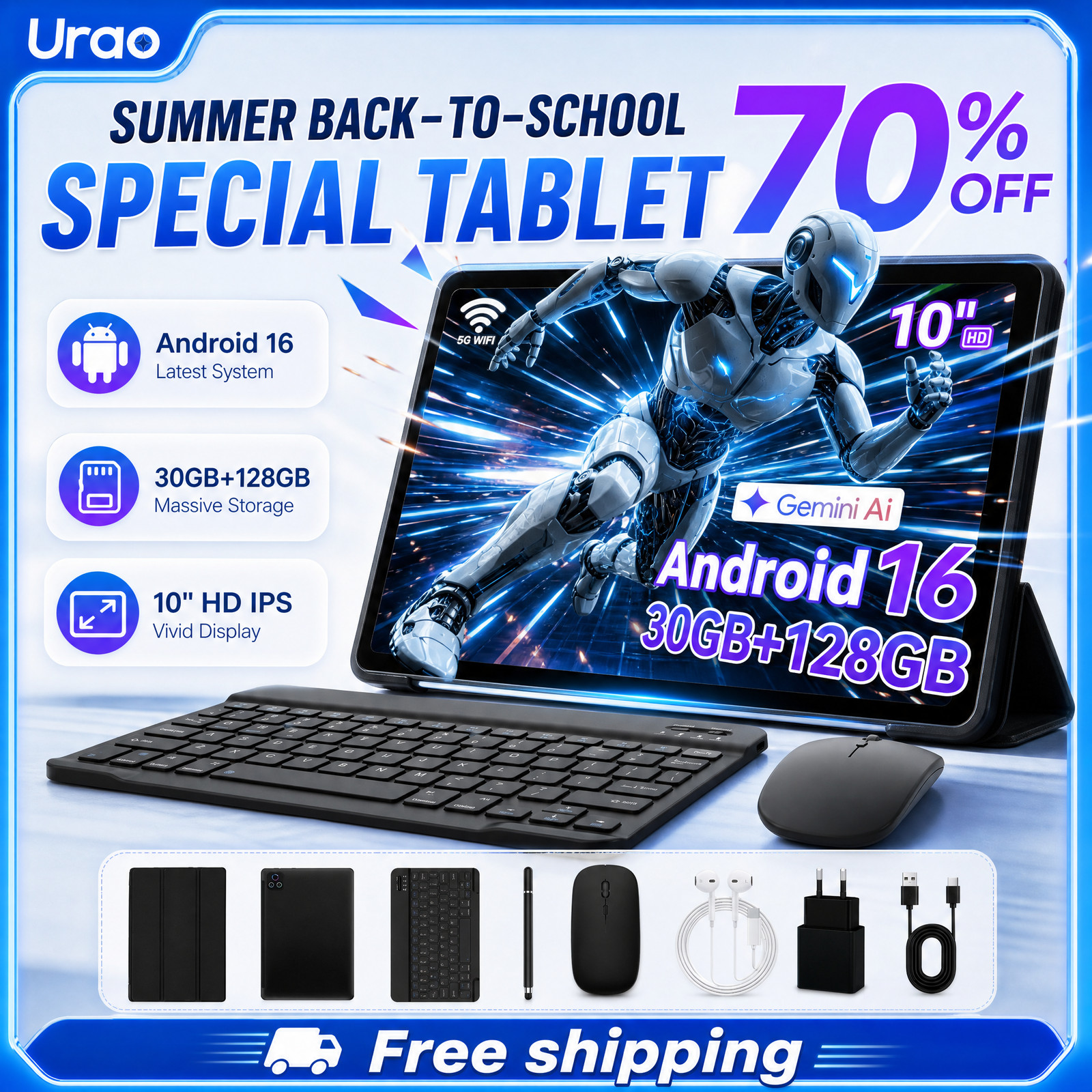 Urao Android 16 AI Tablet PC Set 10 Inch 24GB+128GB 5000mAh 5G WiFi Dual Camera