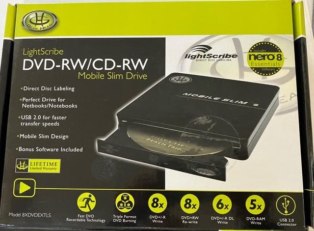 New Gear Head 8 X DVDEXTLS Black Triple Format DVD-RW Mobile Slim Drive.