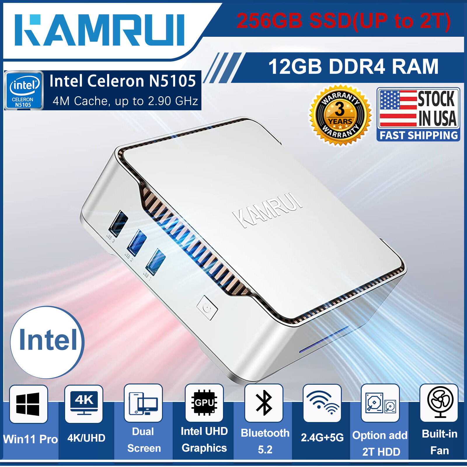KAMRUI GK3PRO Mini PC Windows 11 Pro Intel 11th Gen N5105 2.9GHz 12GB RAM 256GB