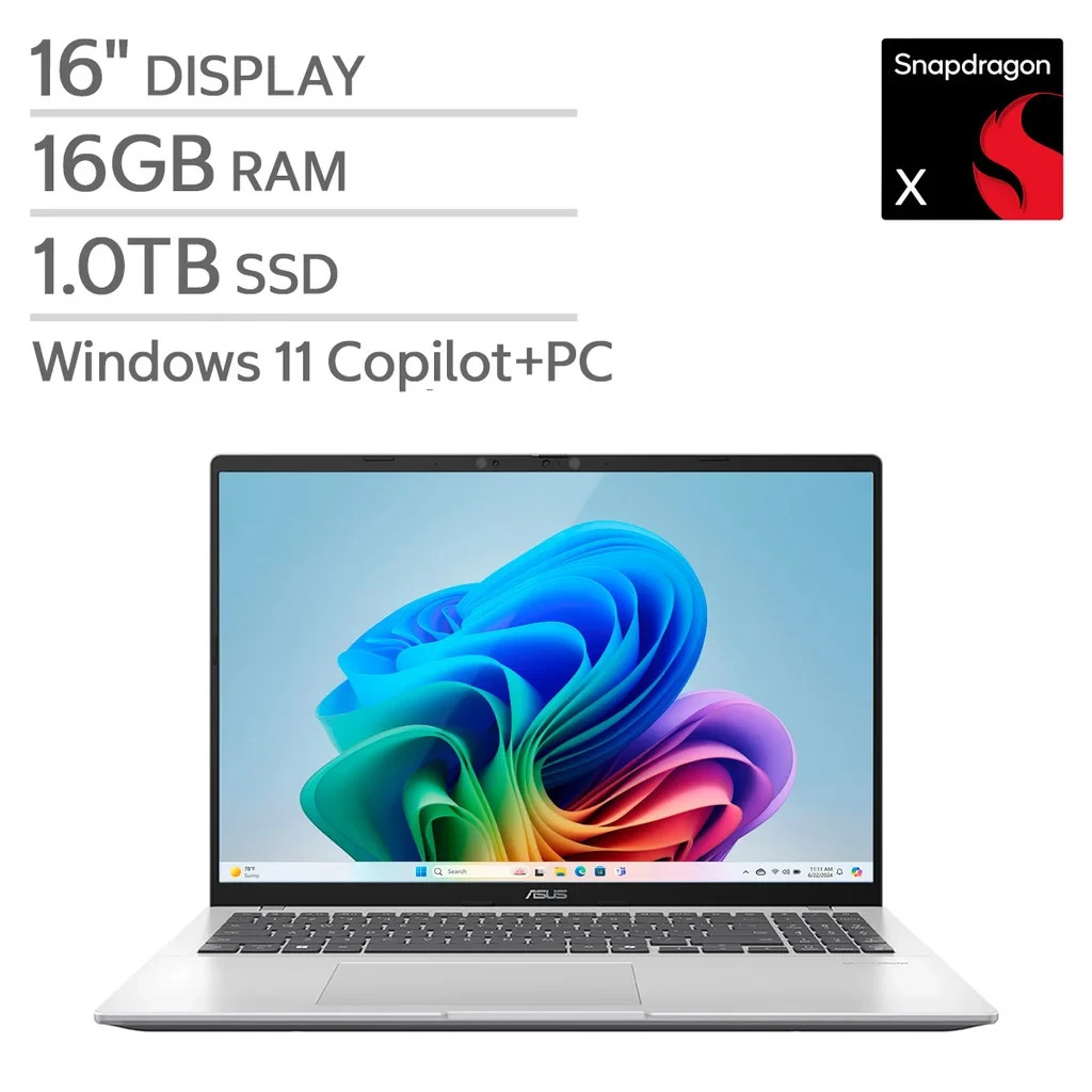 ASUS Vivobook 16" Copilot+ PC Snapdragon X126100 16GB 1TB X1607QA-IS56 Silver