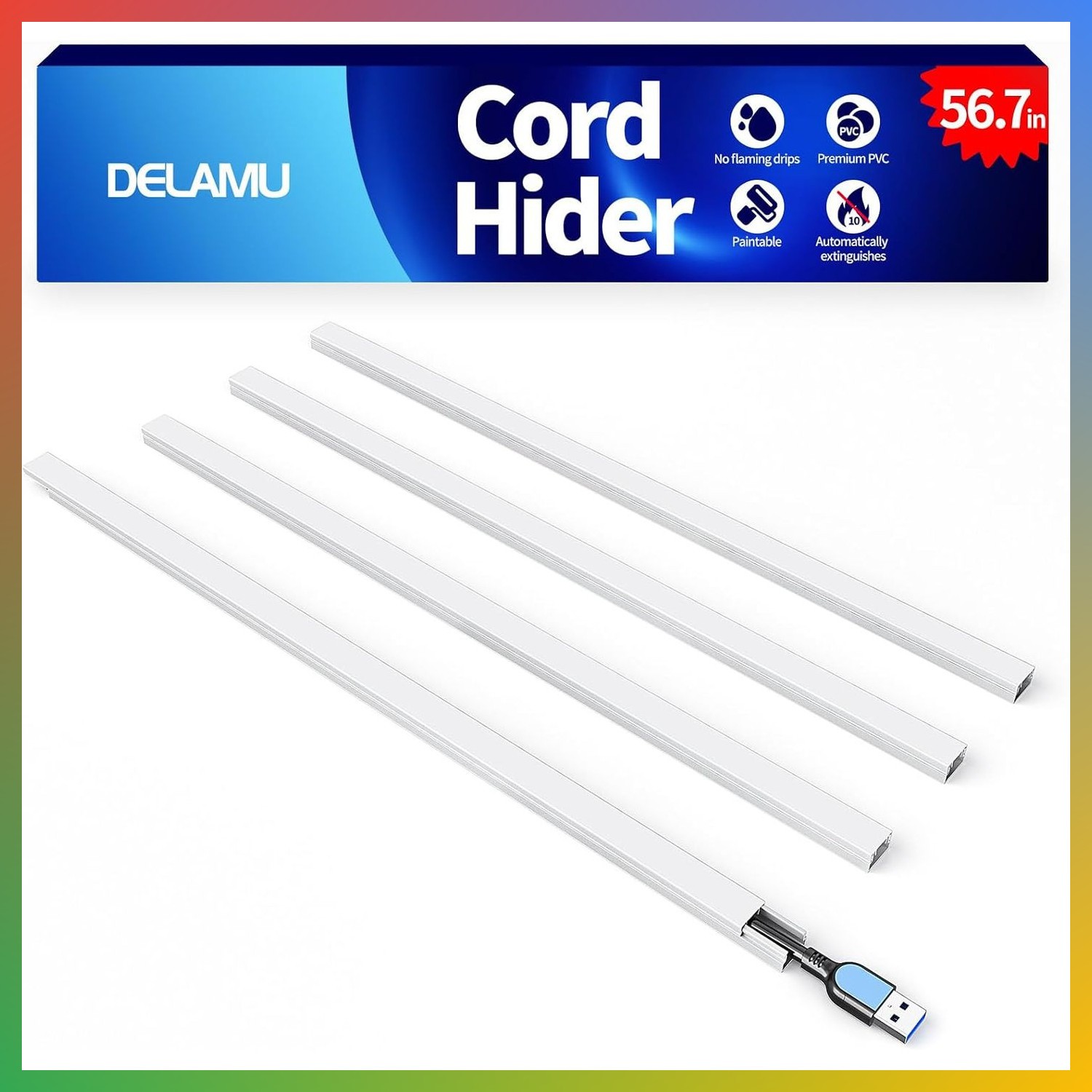 Cord Cover Raceway White 56.7in Paintable Cable Hider Management for Mini Wires