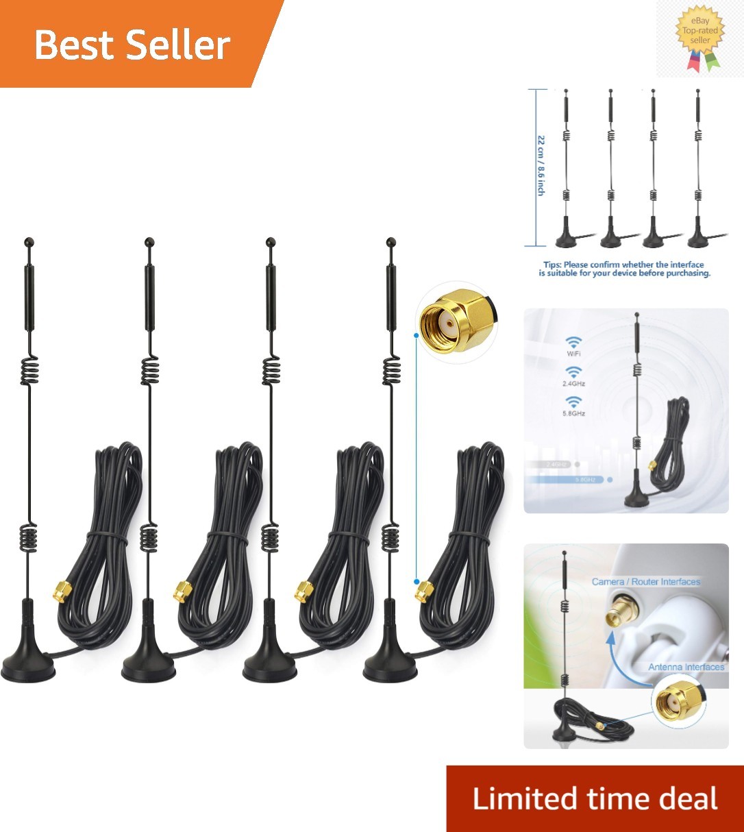 Enhanced WiFi Connectivity: 4x 9dBi Dual Band Magnetic Antennas with RP-SMA