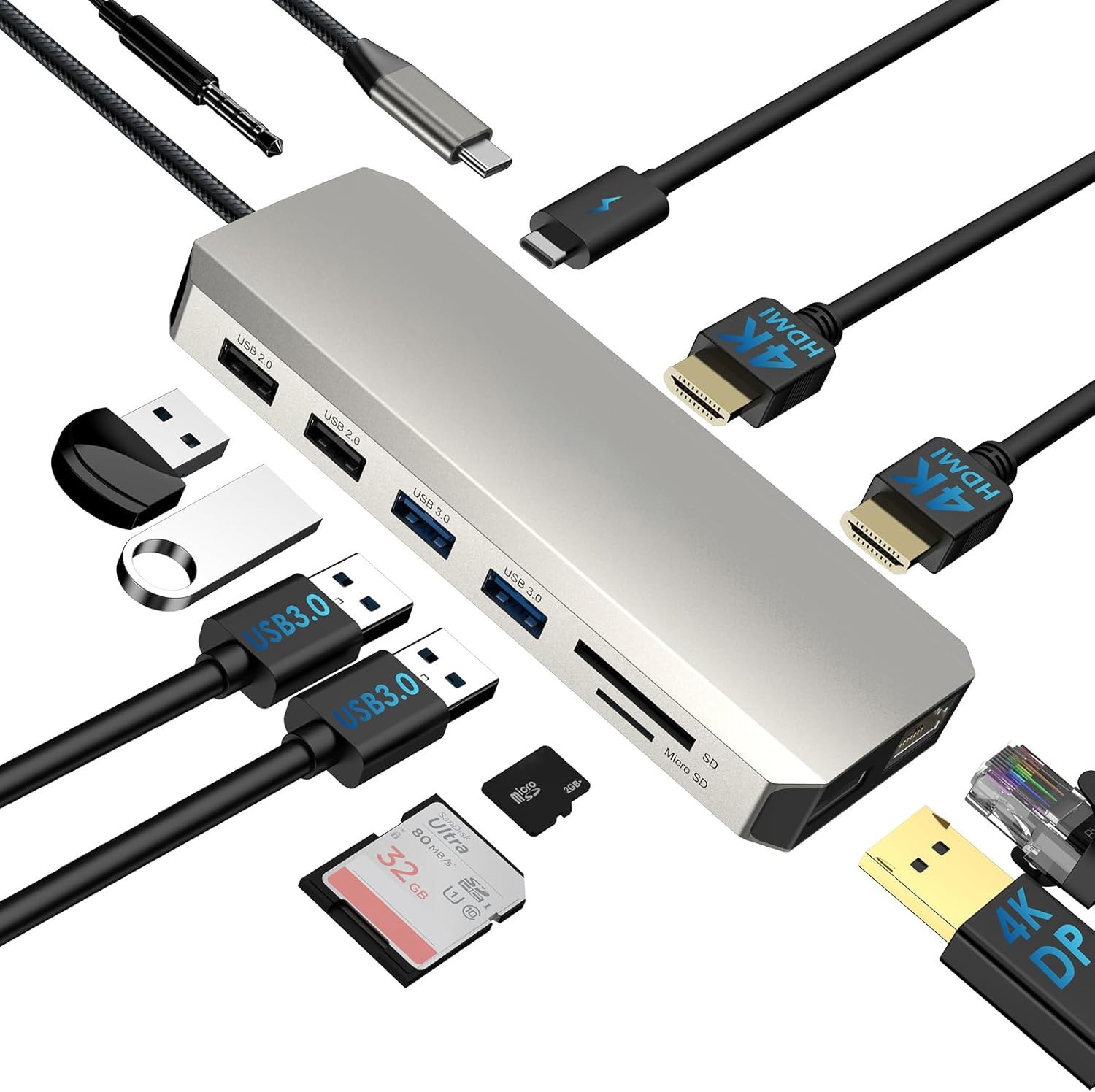 Laptop Docking Station -USB-C - 2xHDMI, DisplayPort, RJ-45, 85W Power, Data Card