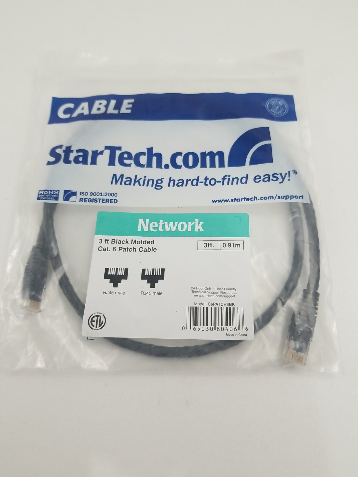 Startech C6PATCH3BK, 3ft. Molded Cat6 Patch Cable. Fast shipping